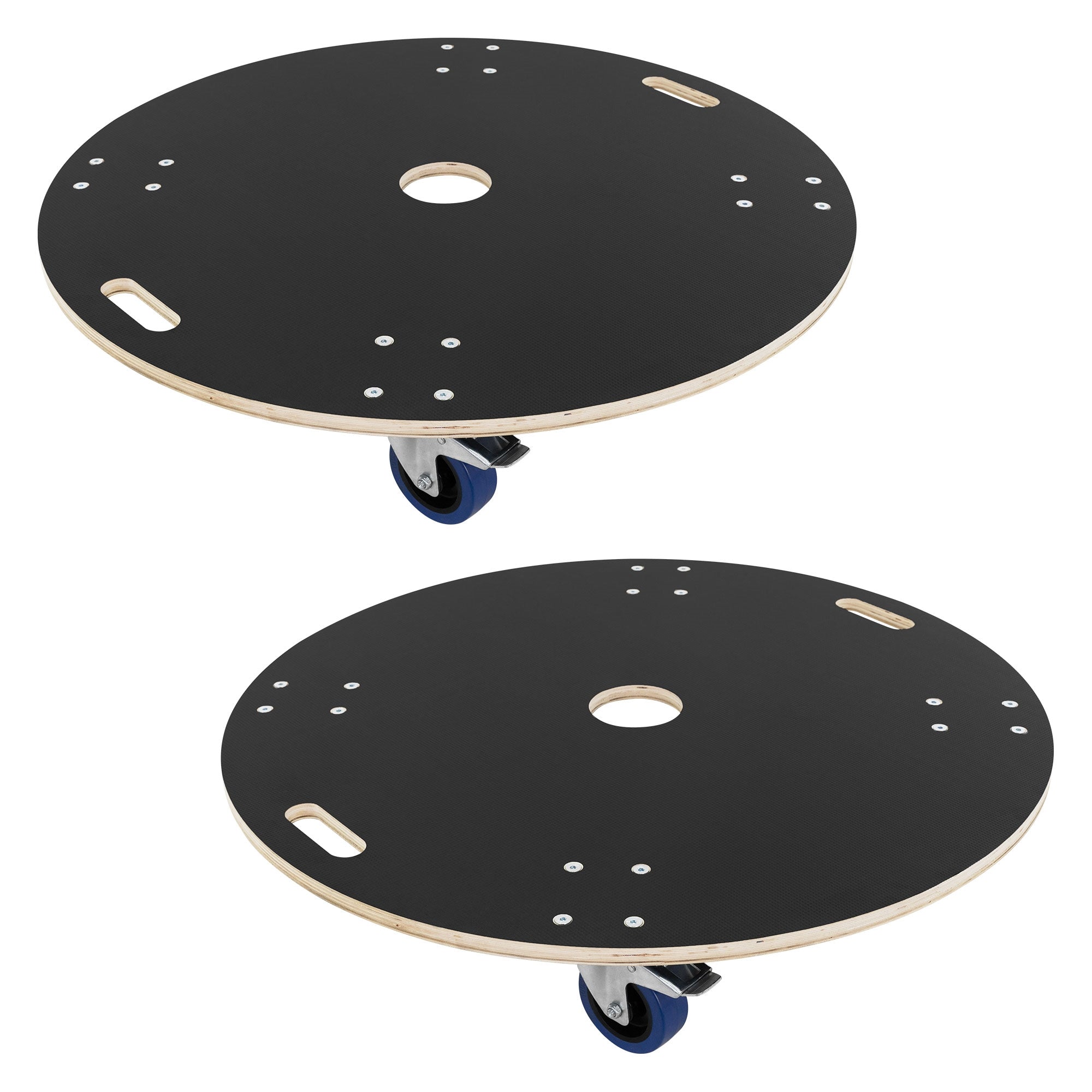 Zwei schwarze, runde Platten mit Rollen und Griffen.