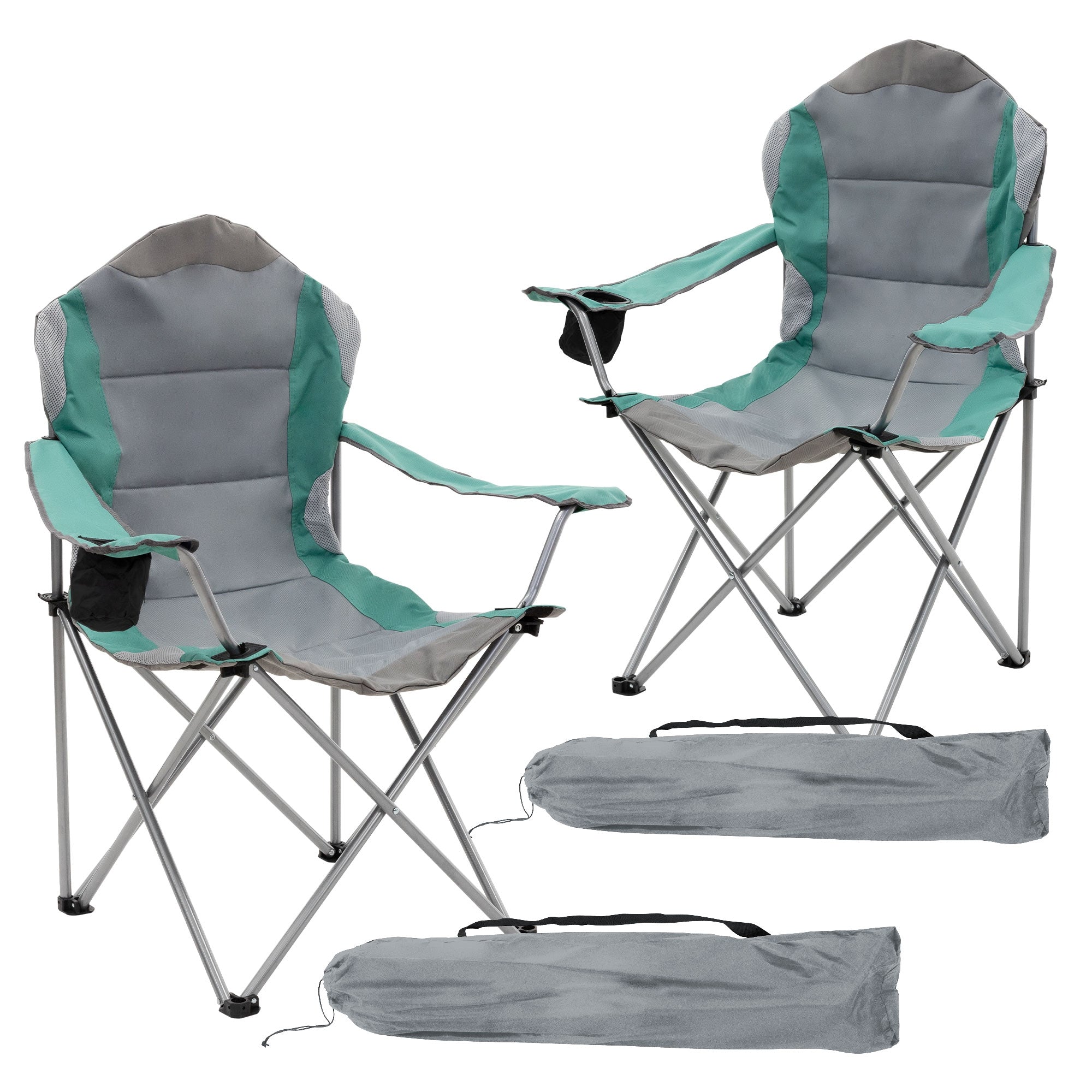 Zwei faltbare Campingstühle in Grau und Grün, zusammen mit zwei Tragetaschen.