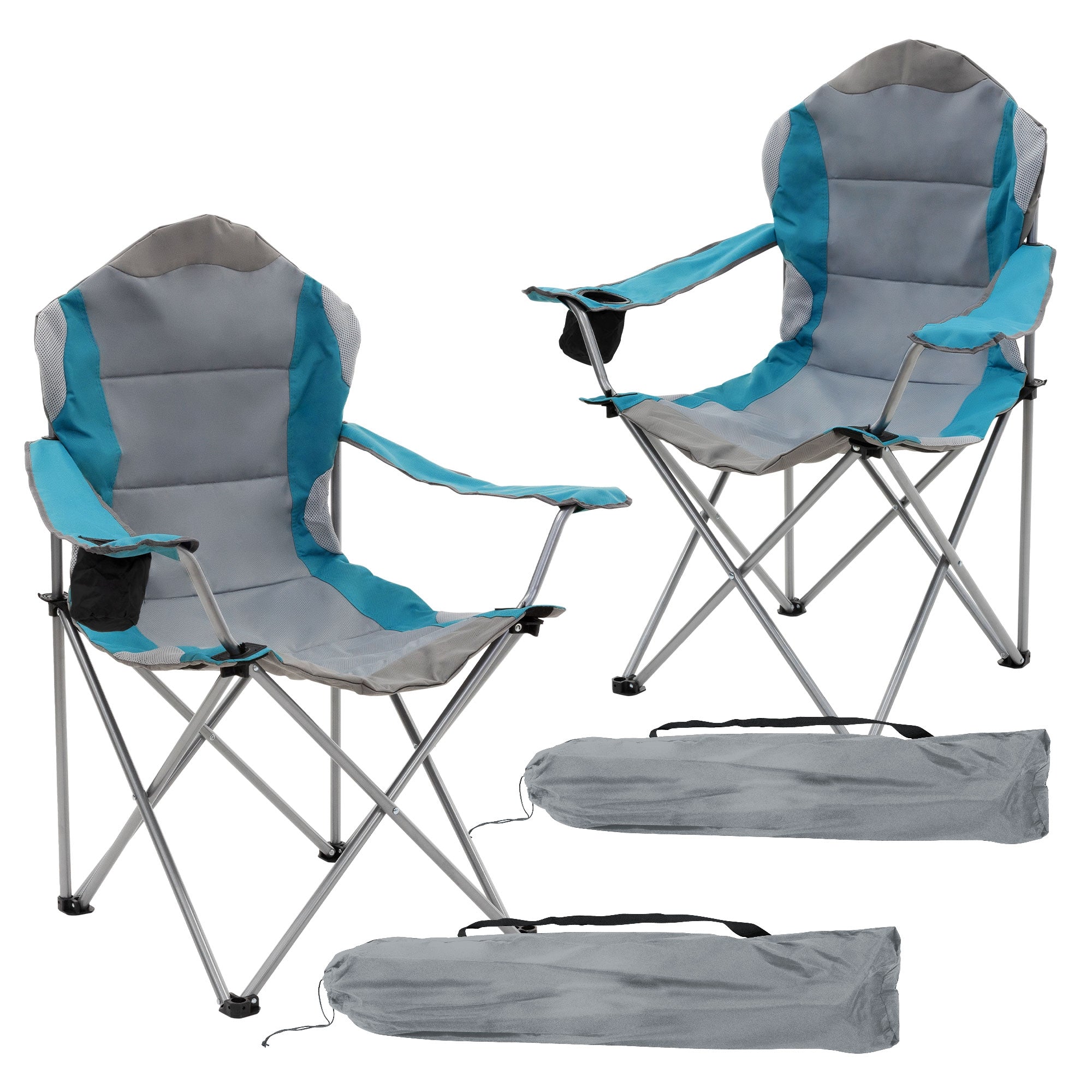 Zwei faltbare Campingstühle in Grau und Blau, zusammen mit zwei Tragetaschen.