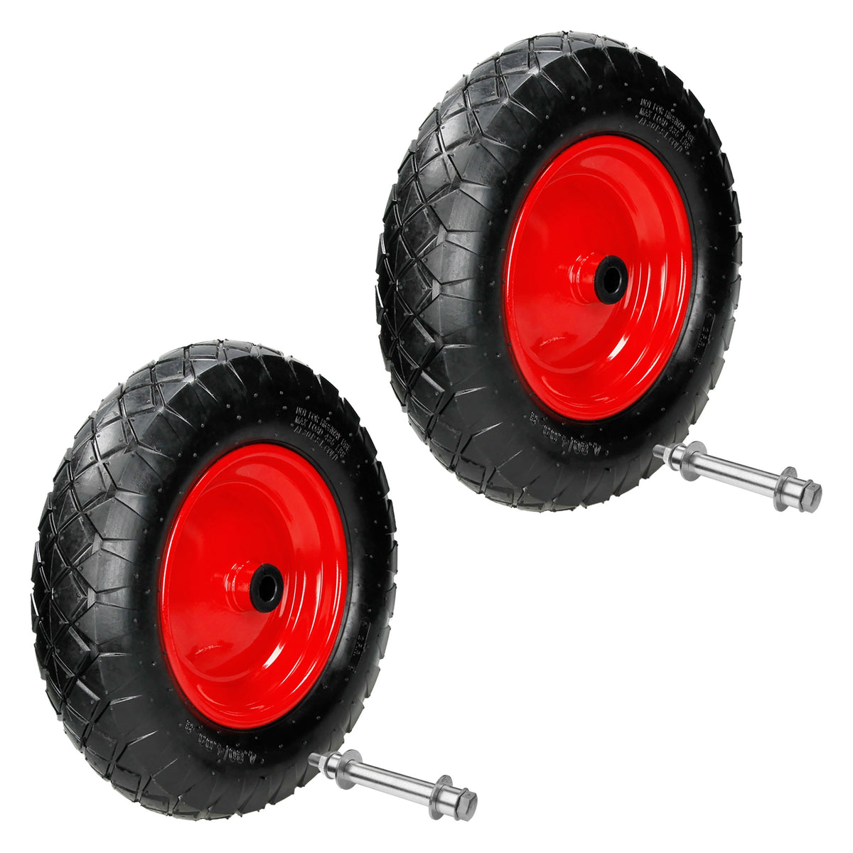 Two red tires with black rims and valves.