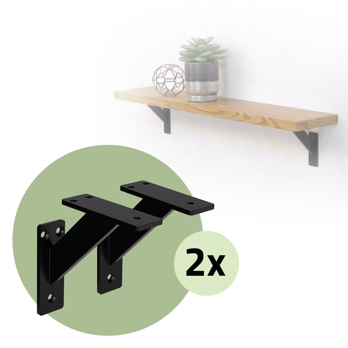 Zwei schwarze Regalwinkel unter einem Holzbrett; daneben eine Nahaufnahme der Winkel mit dem Hinweis „2x“.