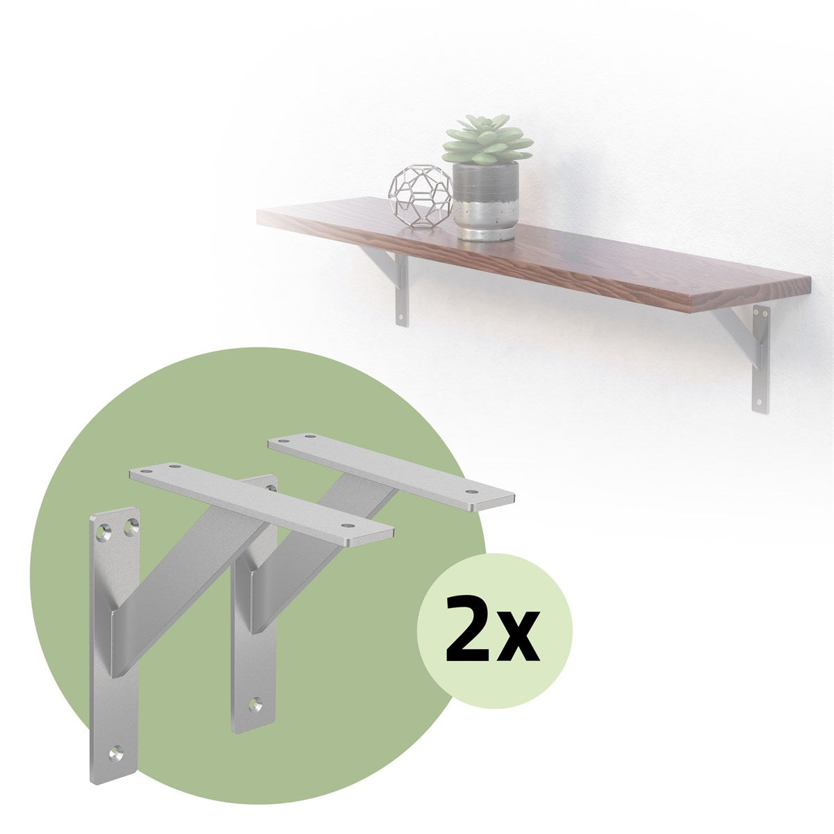 Wall shelf with two brackets and a plant on the shelf.