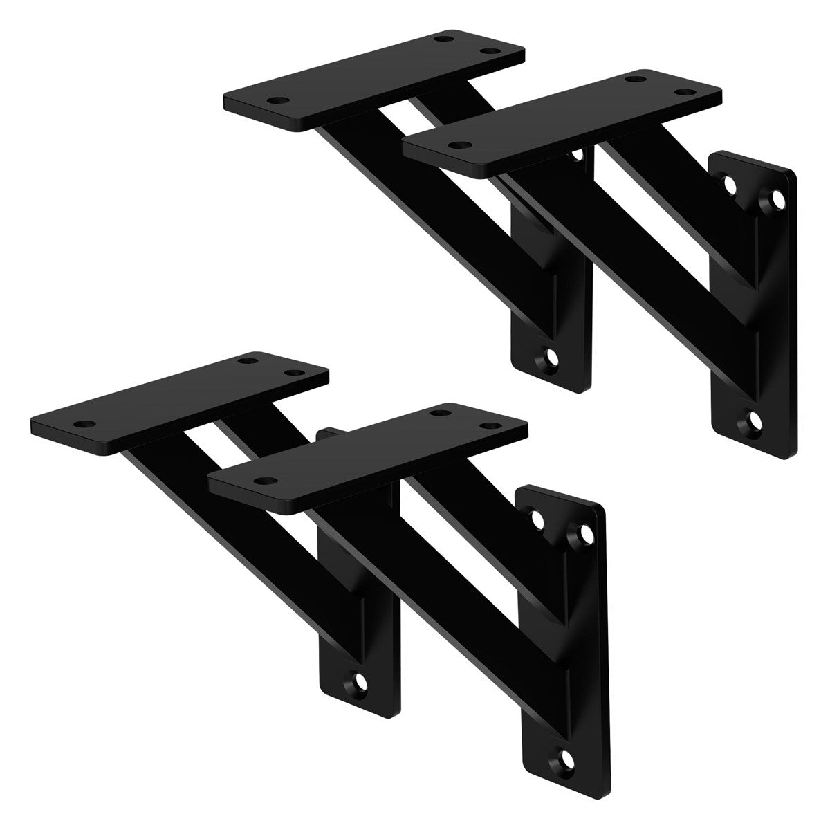 Zwei schwarze Wandhalterungen aus Metall mit mehreren Befestigungslöchern.