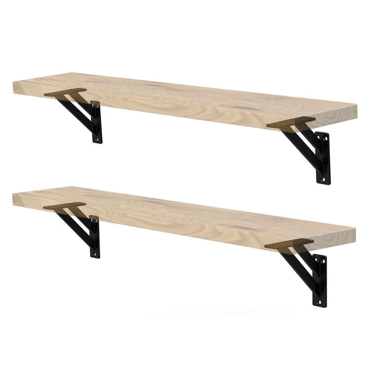 Zwei Regalbretter aus Holz, montiert mit schwarzen Halterungen.