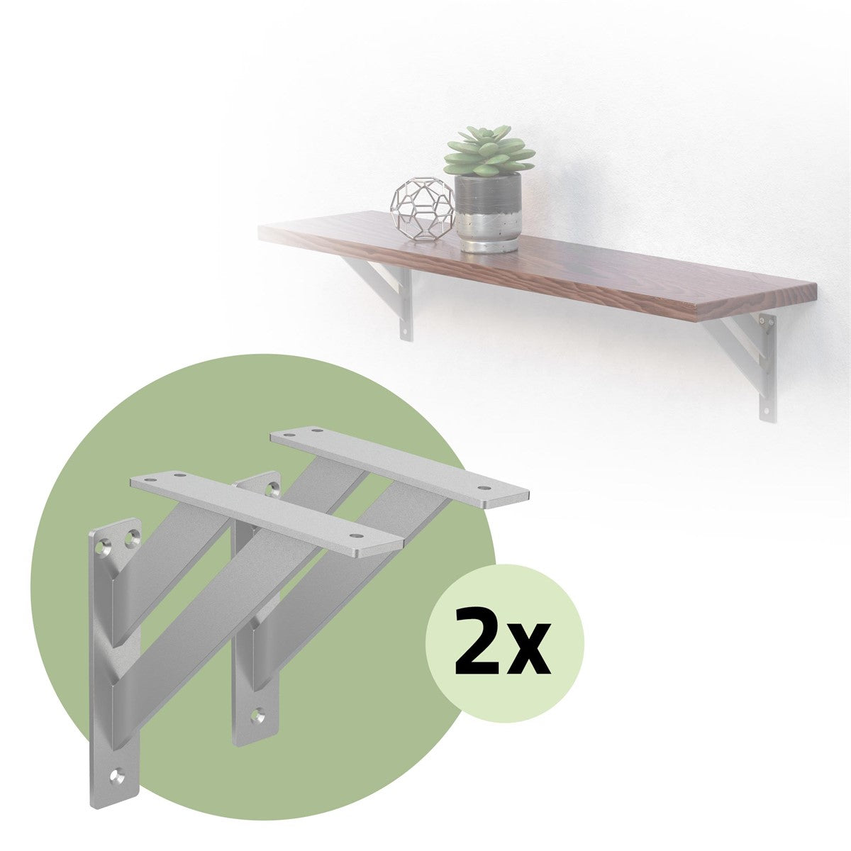 Wall shelf with brackets and a plant on the shelf.