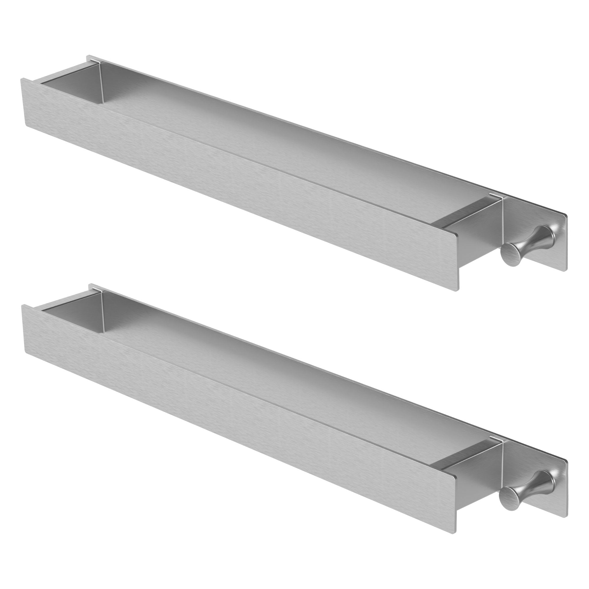 Zwei schmale, rechteckige Regale aus Metall, nebeneinander angeordnet.