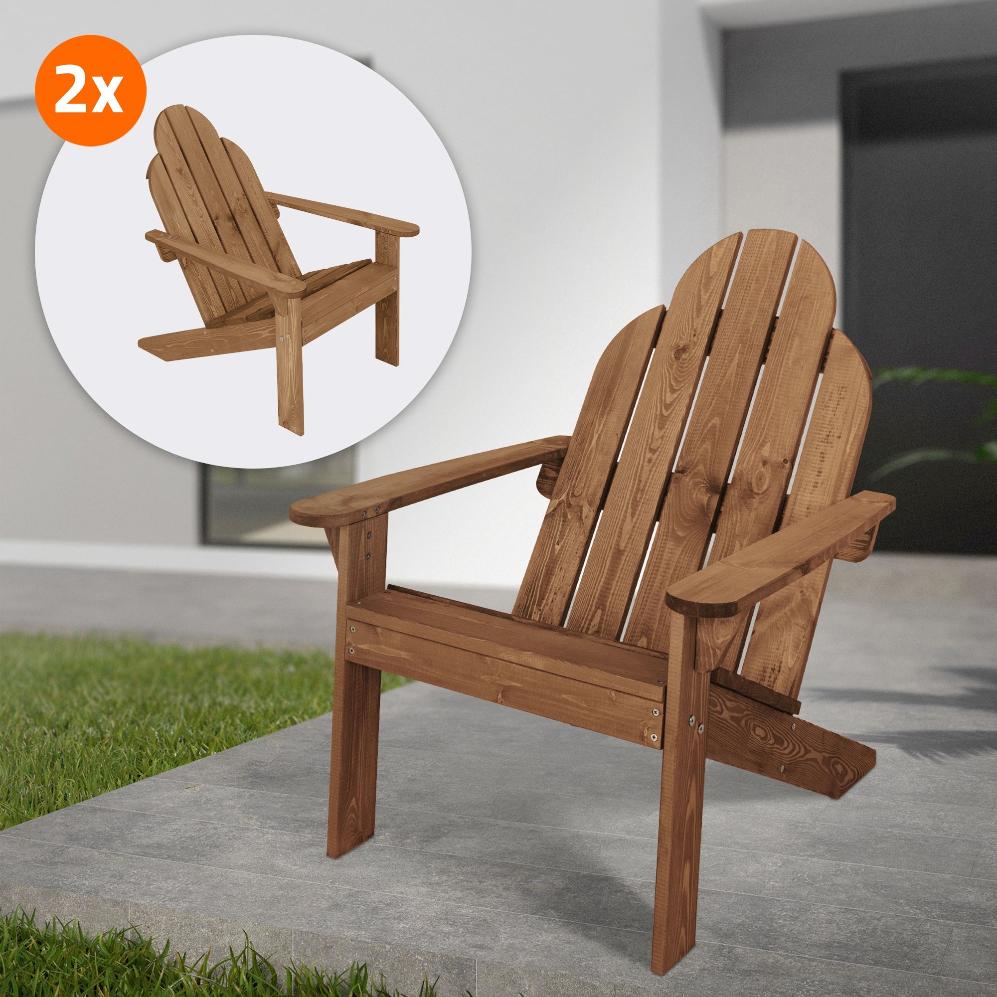 Deux chaises en bois de style Adirondack sur un sol gris devant un arrière-plan moderne.
