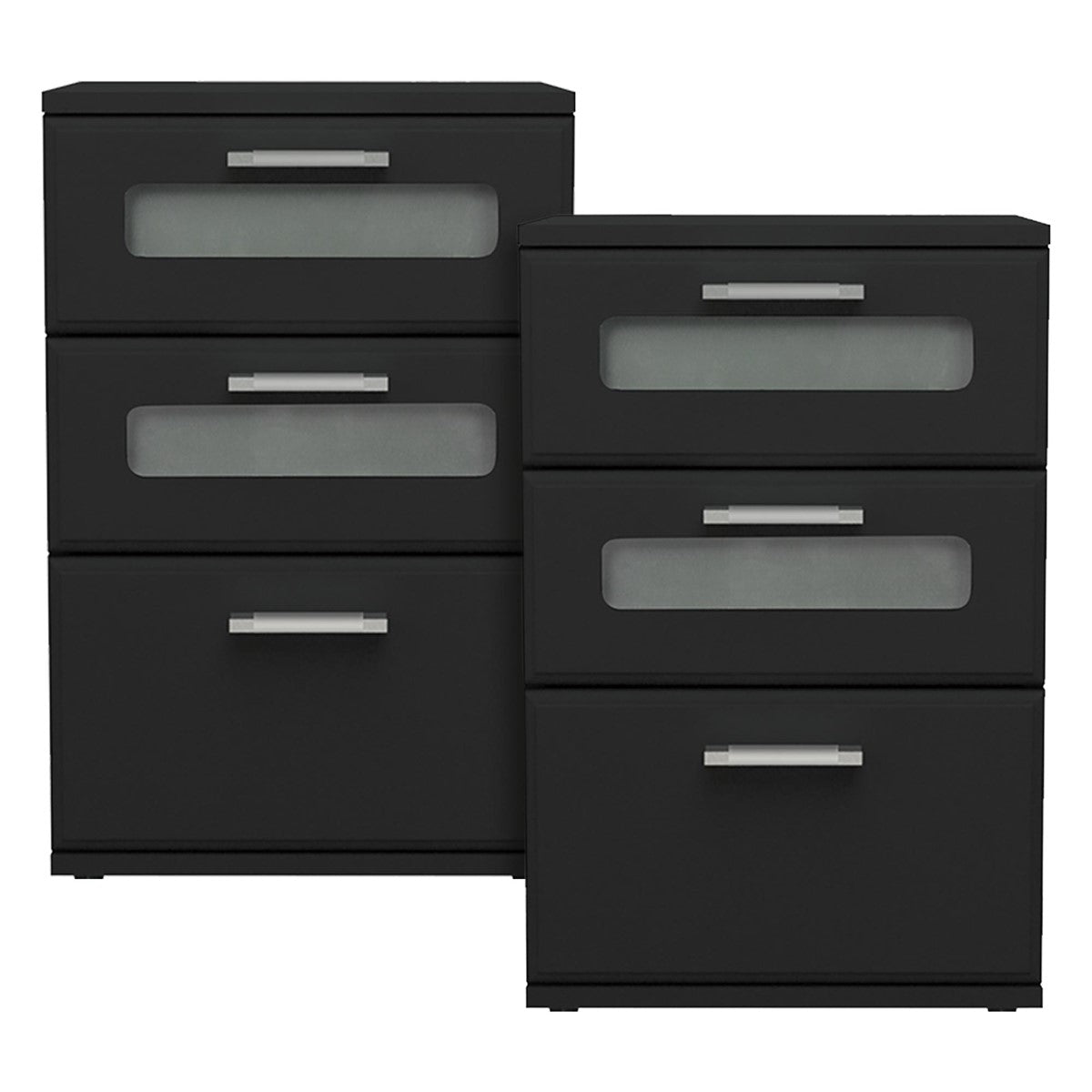 Two black chests of drawers with drawers and glass inserts.