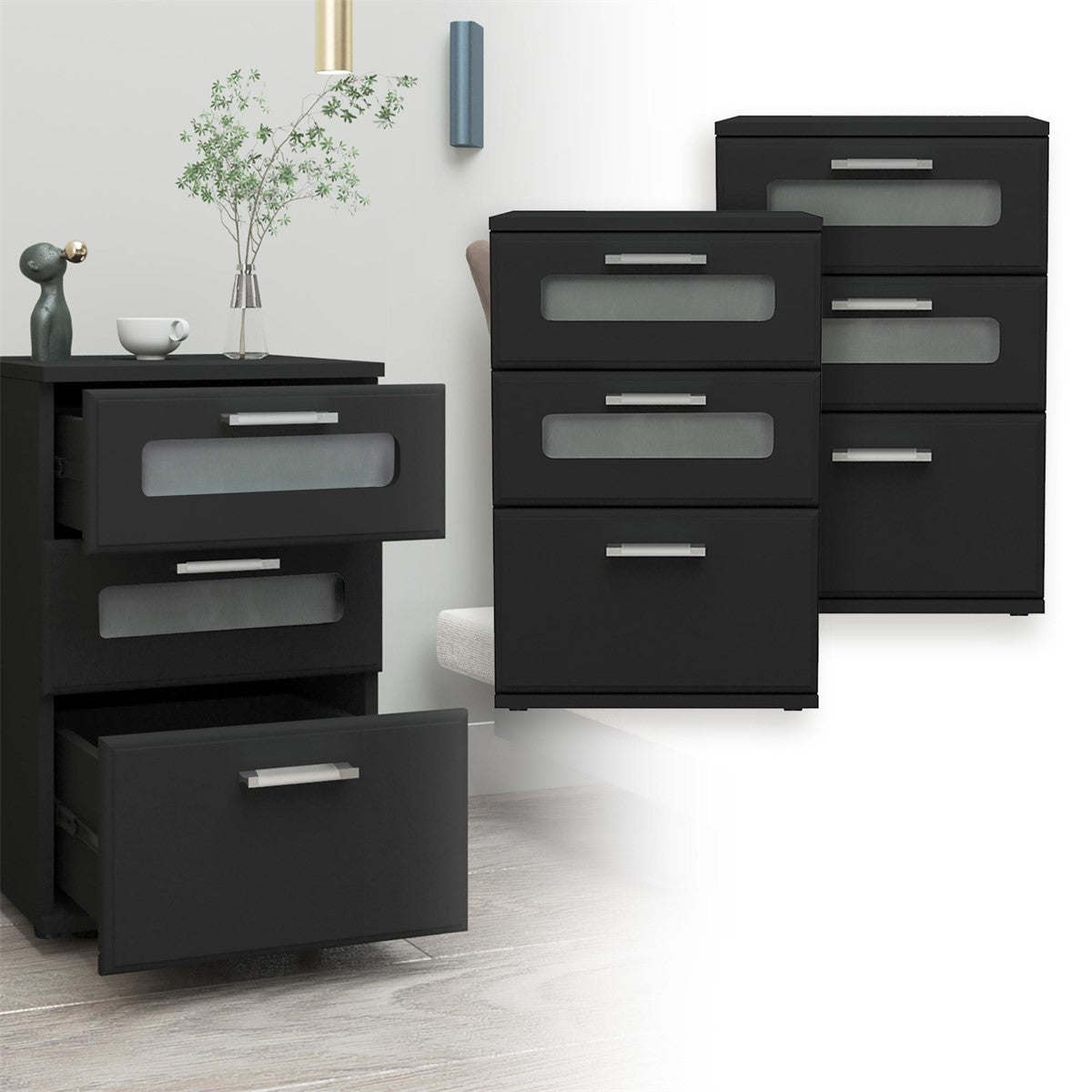Two black chests of drawers, one with an open drawer.