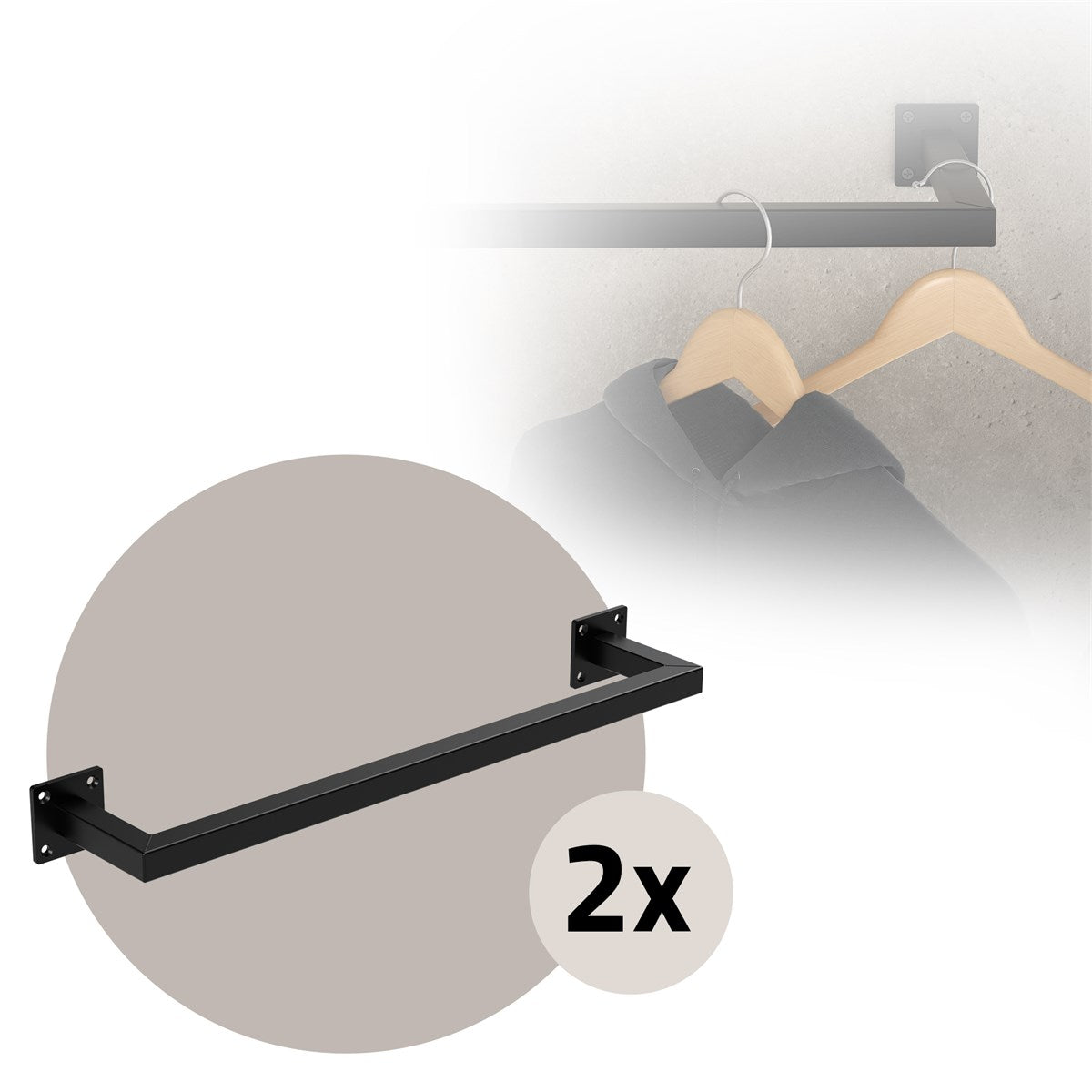 Black clothes rail with two wooden hangers.