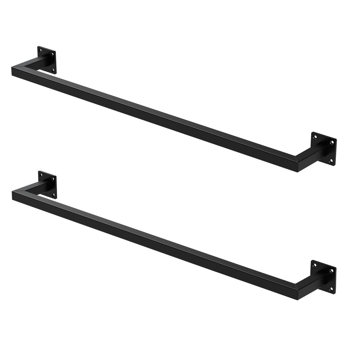 Two black wall shelves in a rectangular shape.