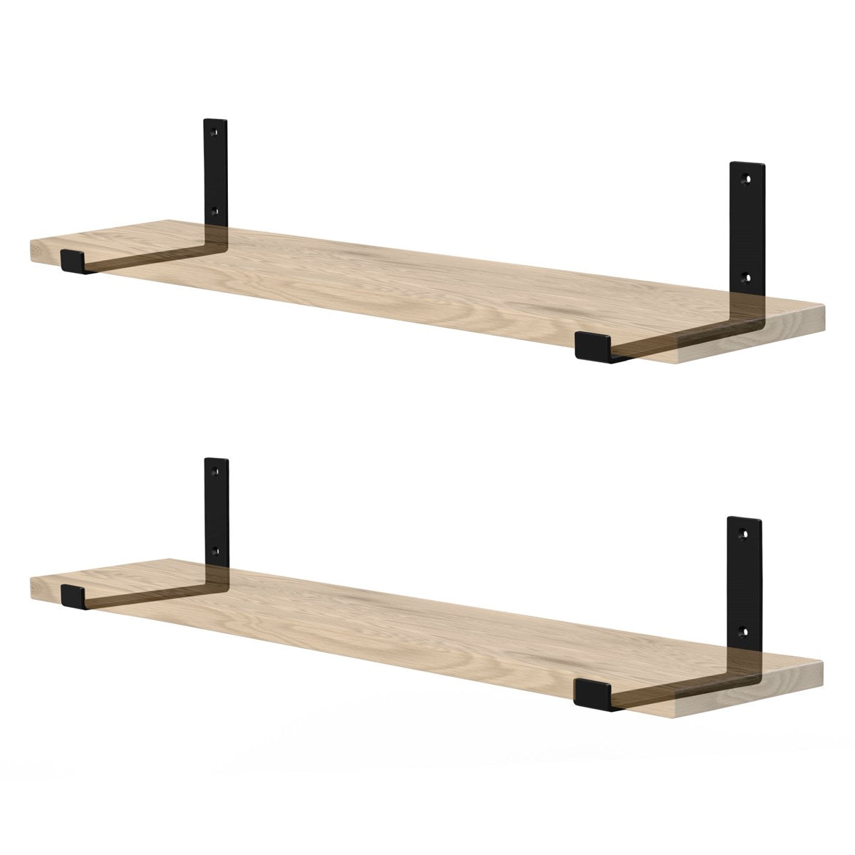 Zwei Holzregalböden mit schwarzen Halterungen.