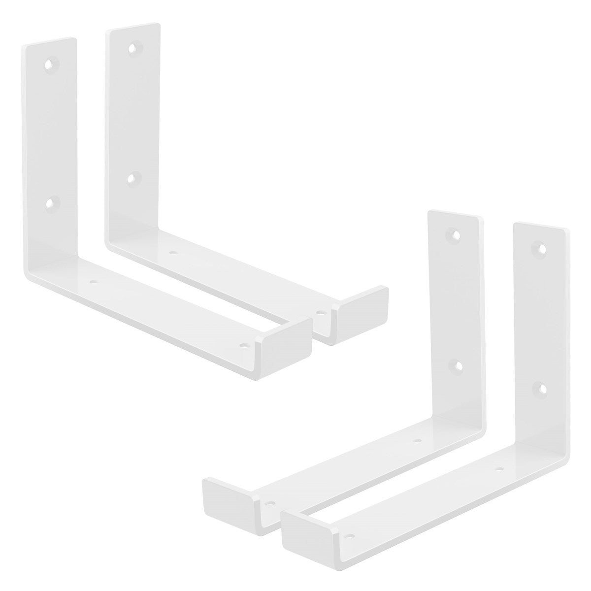 Zwei weiße Halterungen mit L-förmigem Design und Löchern zur Befestigung.