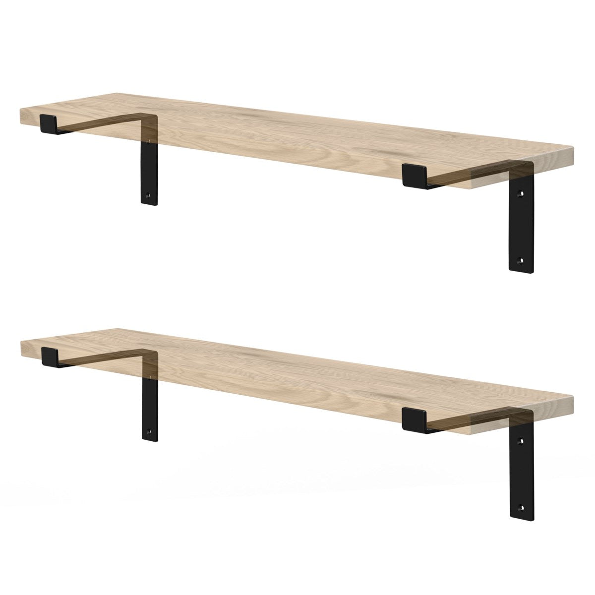 Zwei Holzregale mit schwarzen Halterungen, an einer Wand montiert.