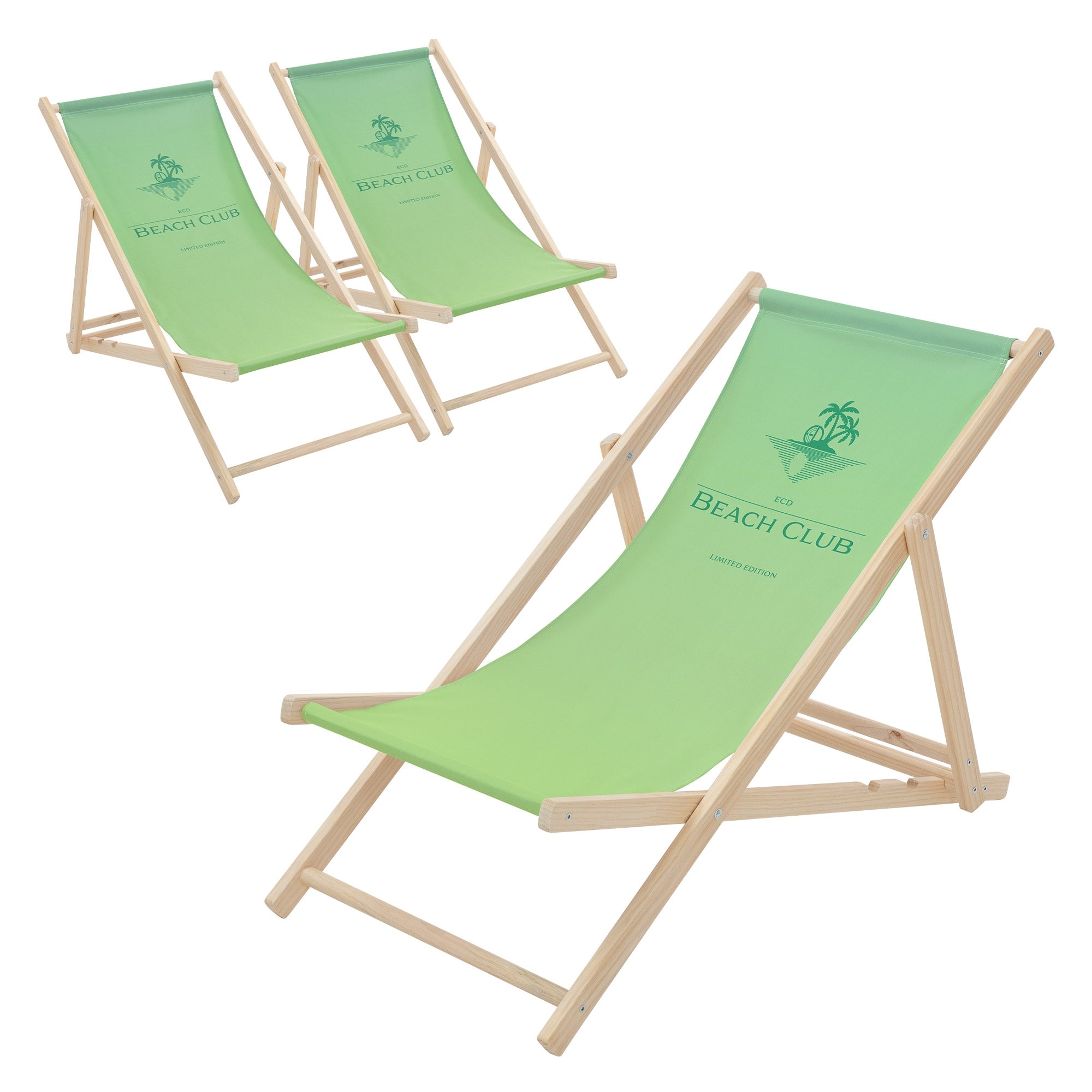Drei grüne Liegestühle mit Holzgestell und Aufdruck 'BEACH CLUB'.