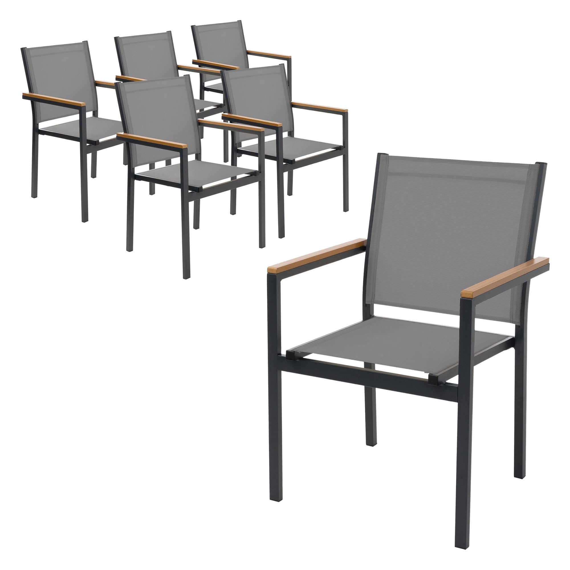 Šest zahradních židlí s opěrkami v šedém designu.