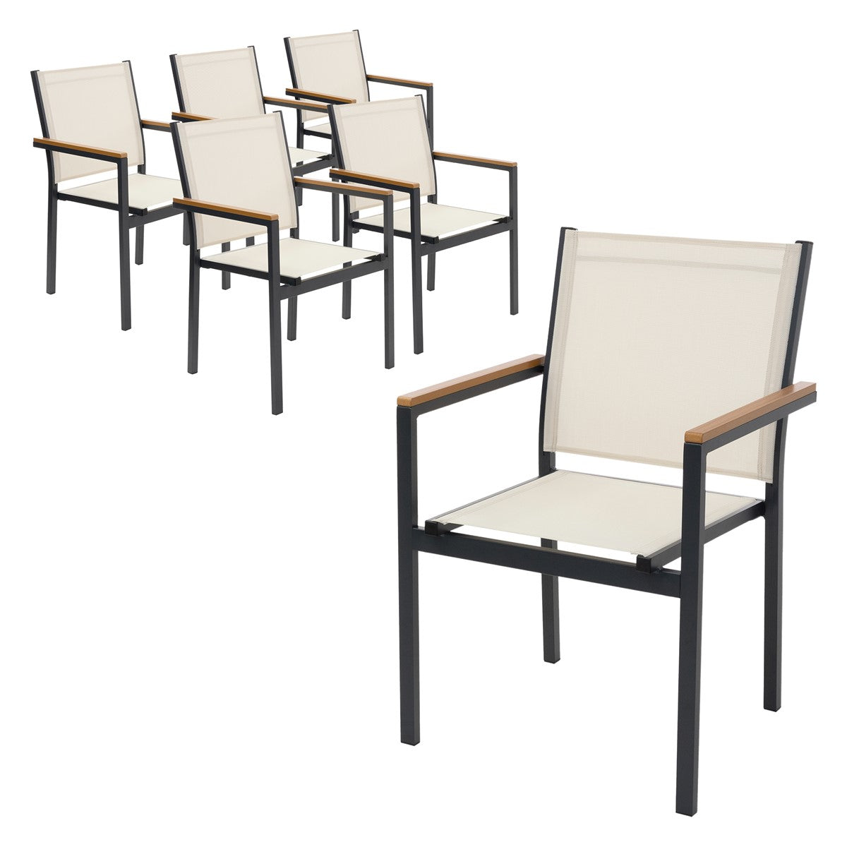 Six garden chairs with armrests in a light design.