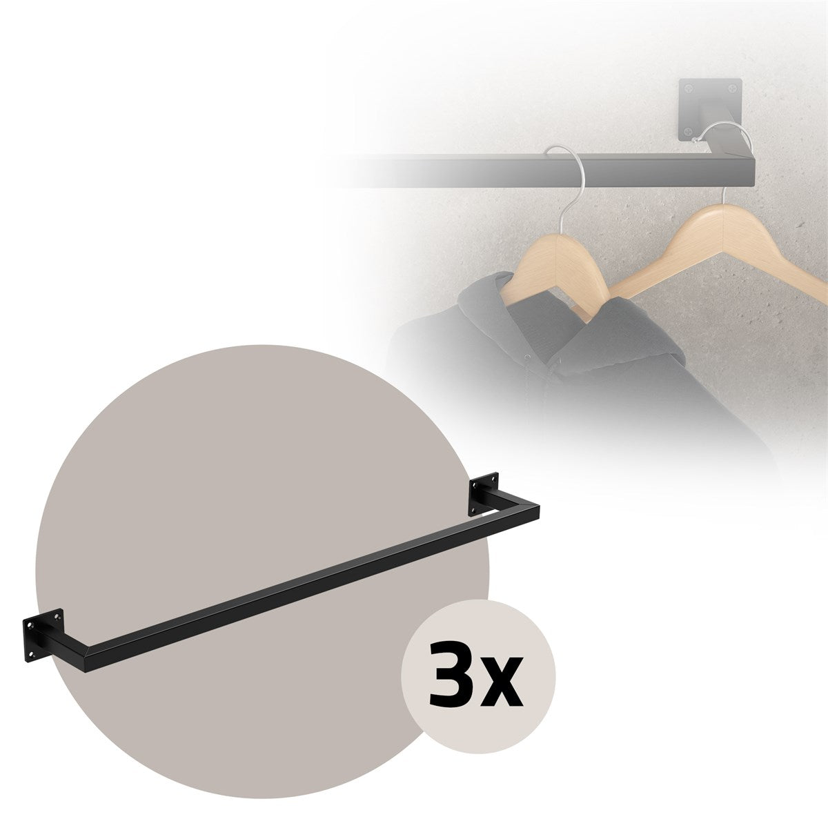 Black clothes hanger with three hooks on a wall.