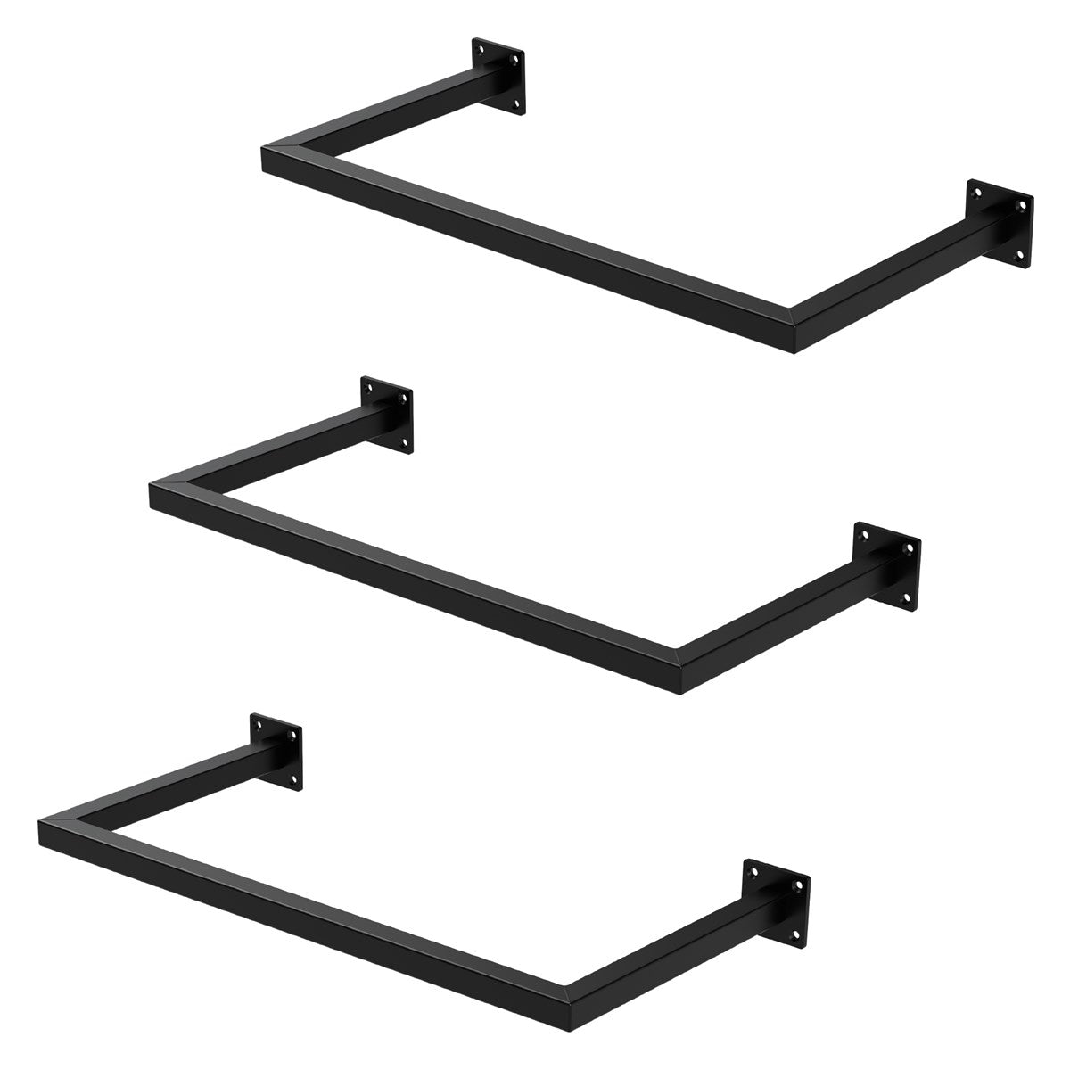 Three black rectangular wall shelves arranged one above the other.