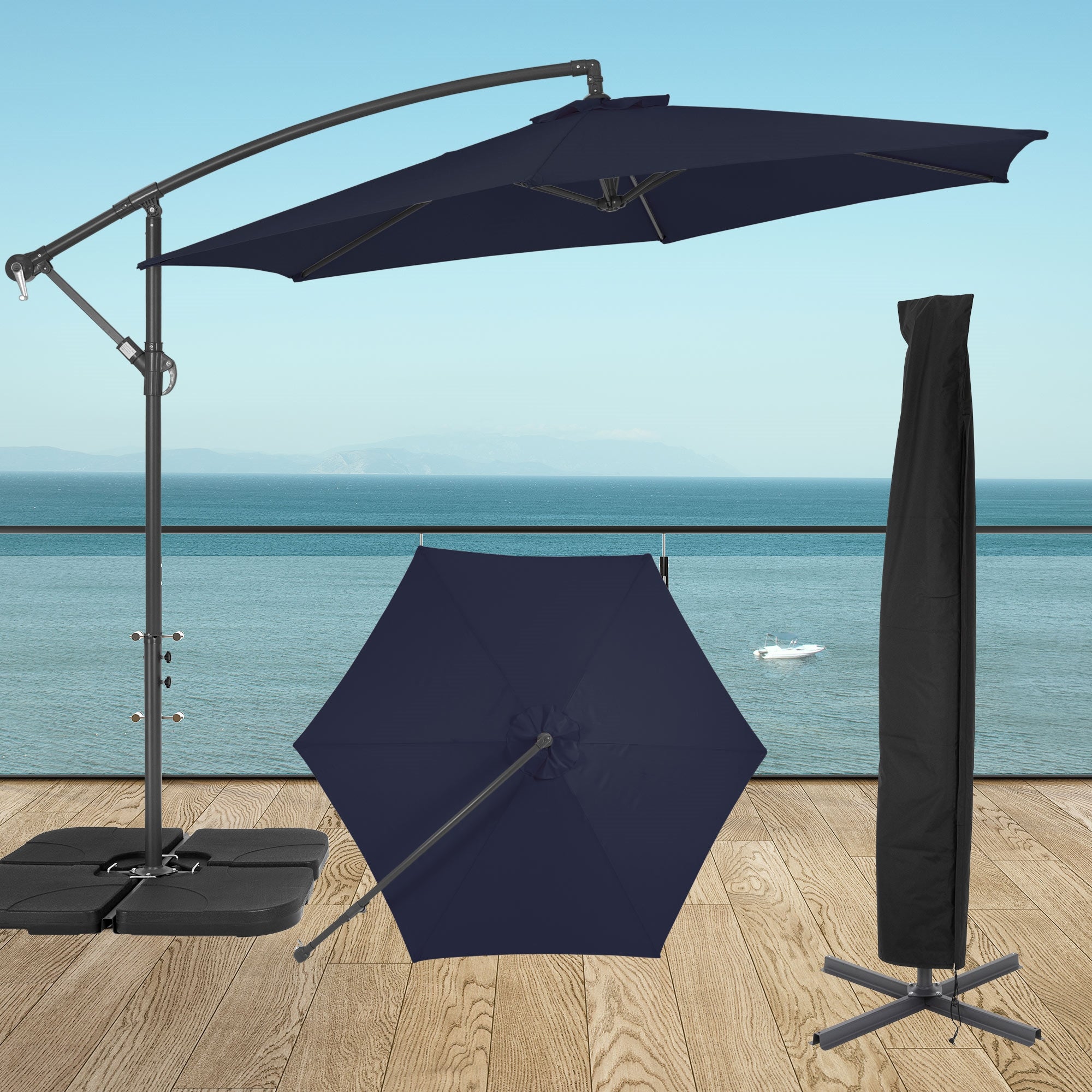 Parasol et support sur une terrasse avec vue sur la mer.