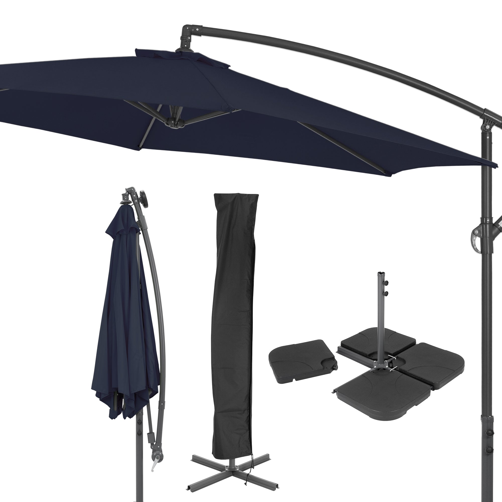 Un parasol avec une housse noire et un cadre, accompagné d'un socle.