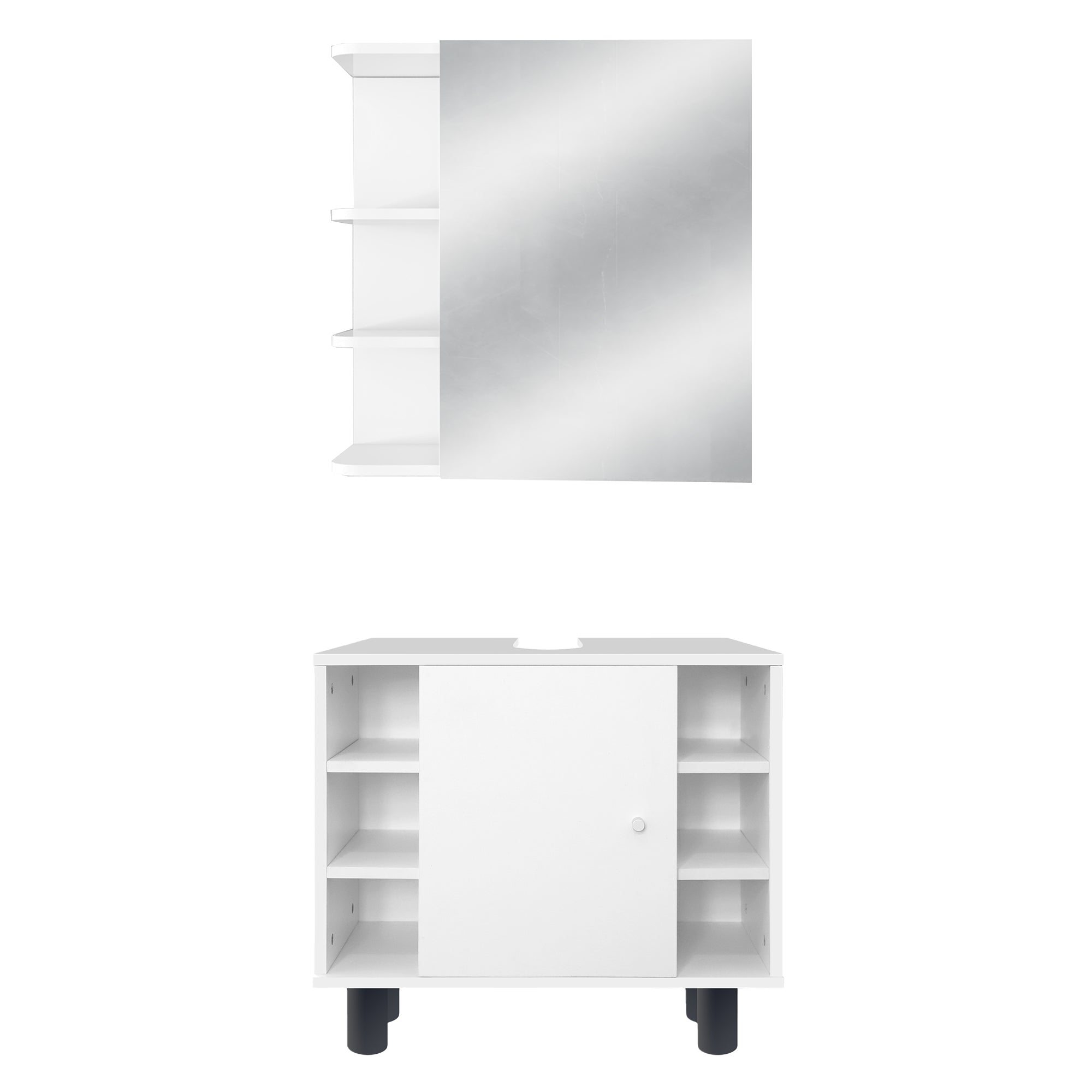 Regal mit Spiegel und Schrank darunter, beide in Weiß.