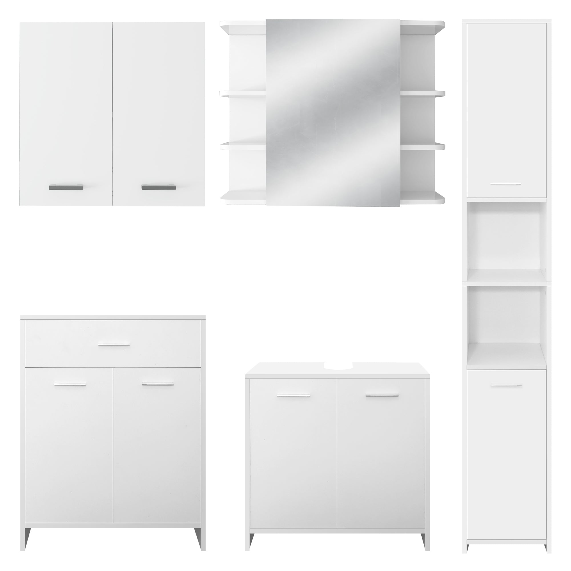 Varios muebles blancos con estantes y armarios.