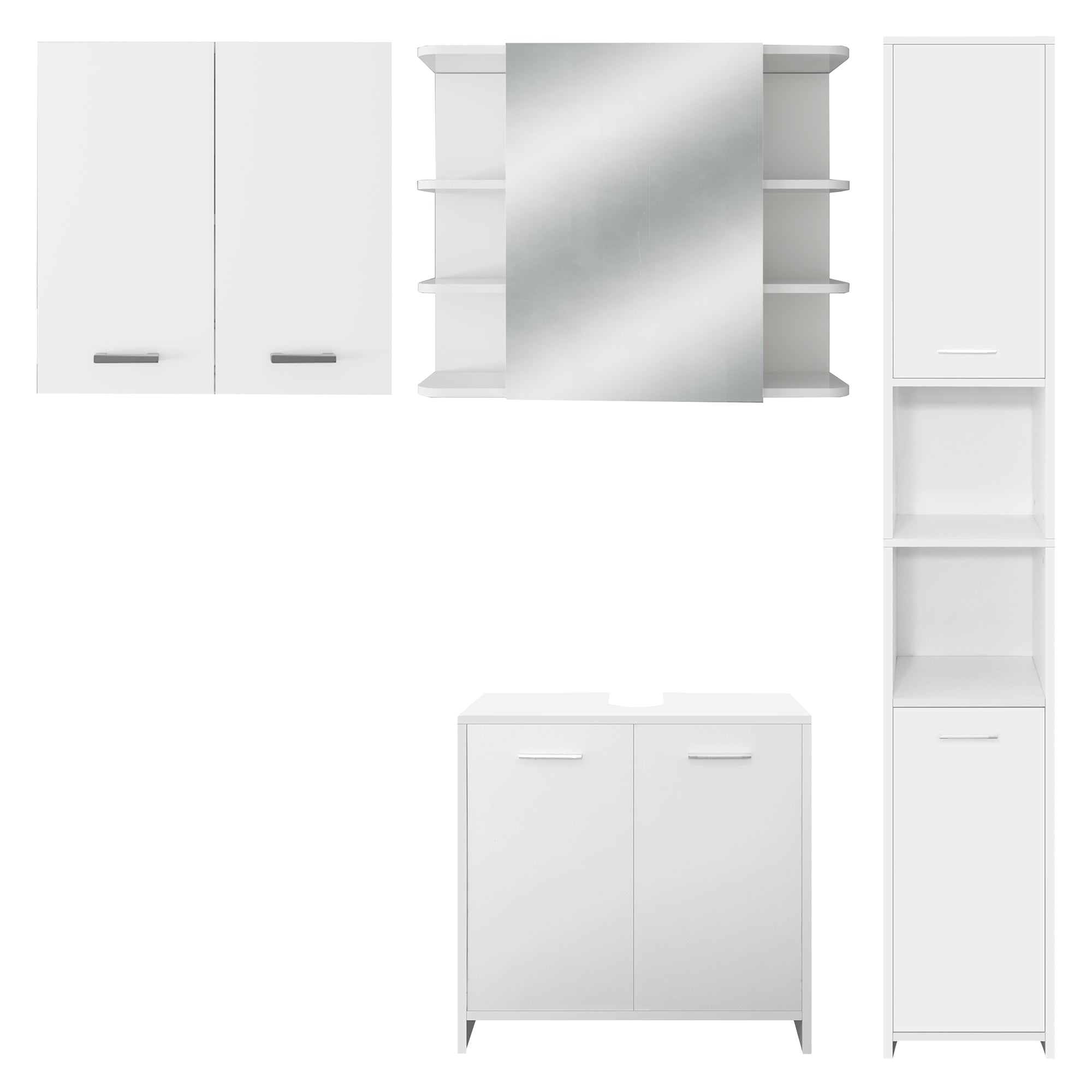 Ein weißer Schrank mit Spiegel und zwei Schranktüren.