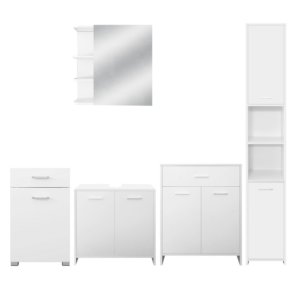 Set di mobili bianco composto da armadietti e uno specchio.