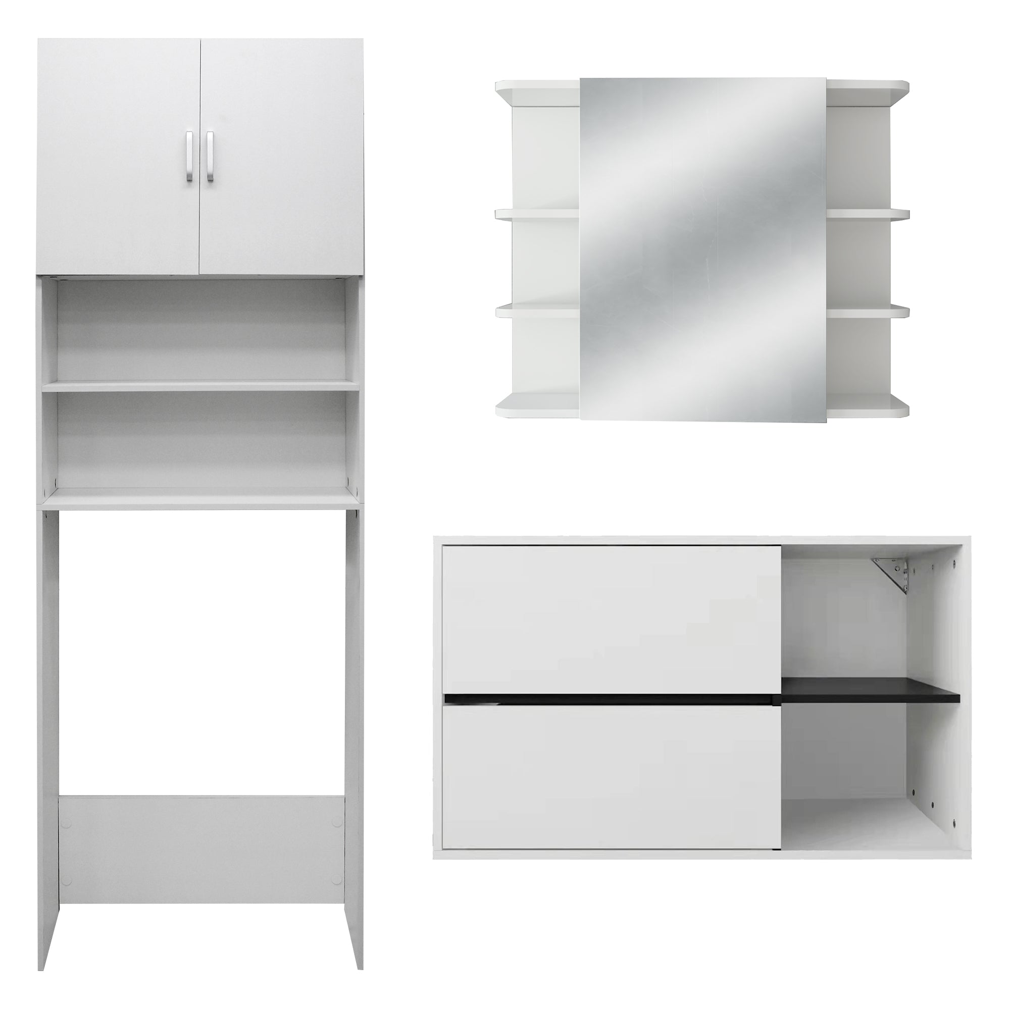 Weißer Schrank mit zwei Türen und Regalen, Spiegel in der Mitte.