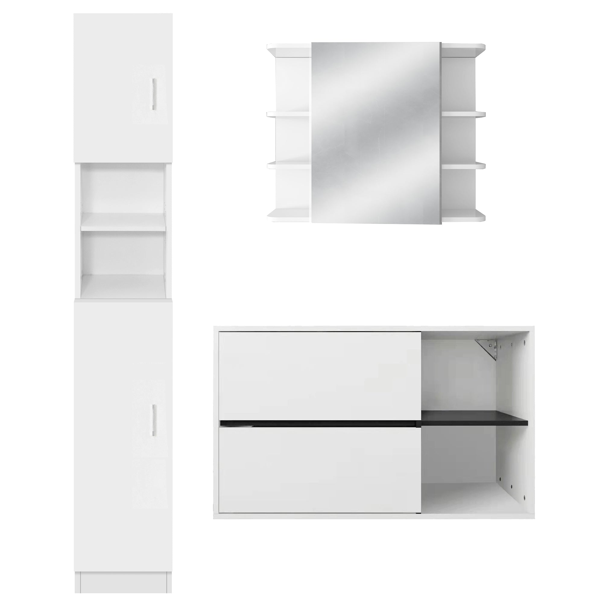 Weiße Möbel mit Schrank, Spiegel und zwei Schubladen.