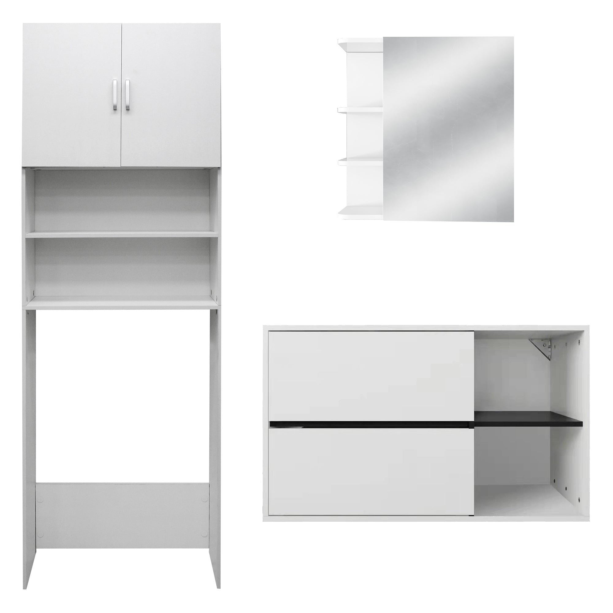Weiße Möbel mit Schrank, Regalen und einem Waschbecken.