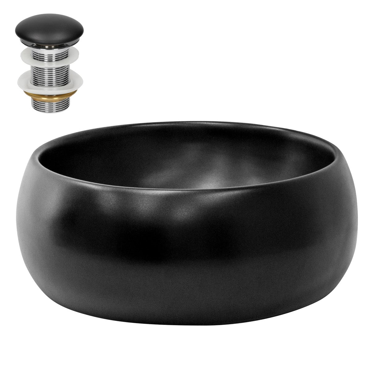 Schwarze, ovale Schüssel mit Abflussgarnitur oben.