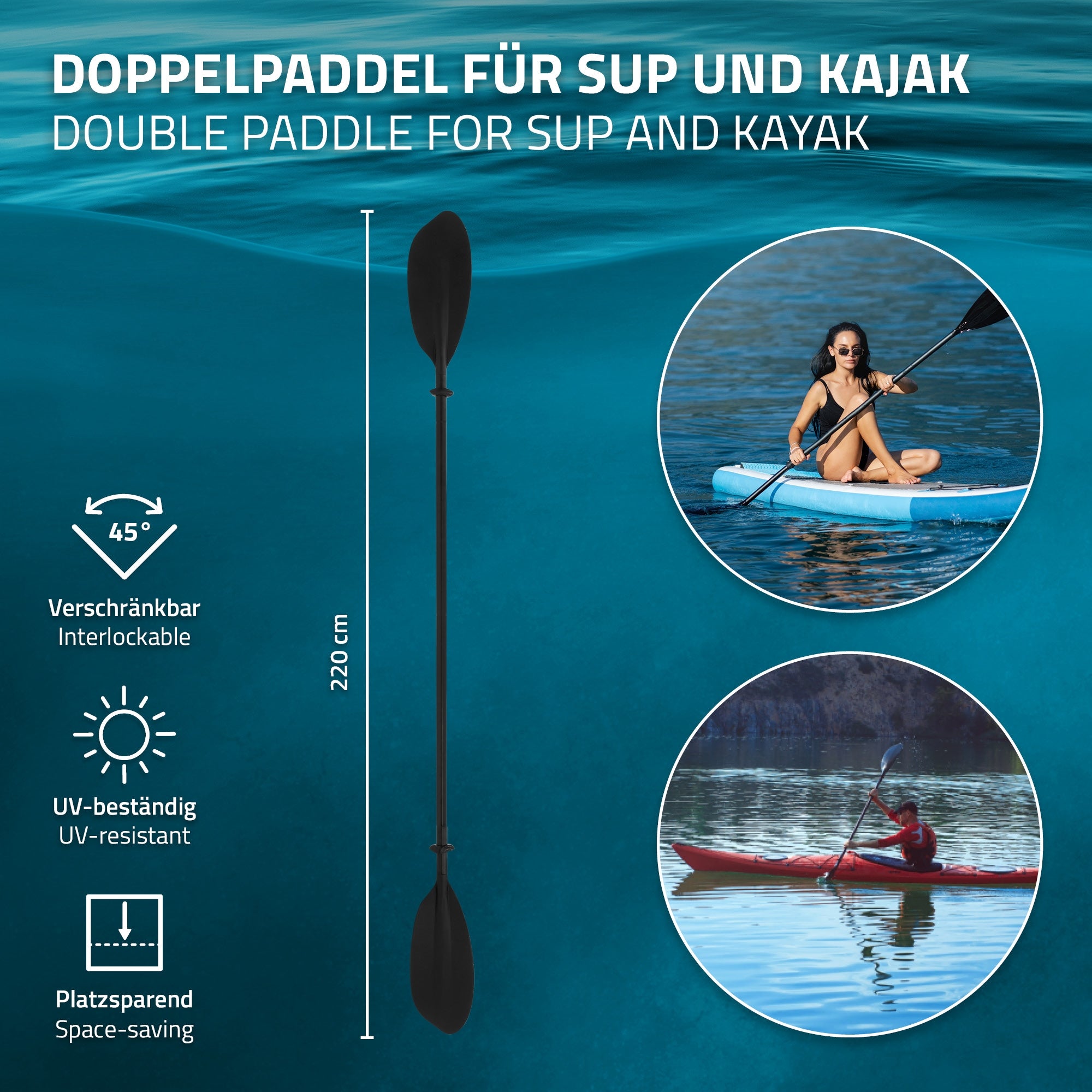 Doppel-Paddel für SUP und Kajak, abgebildet im Wasser mit einer Person im Kajak.