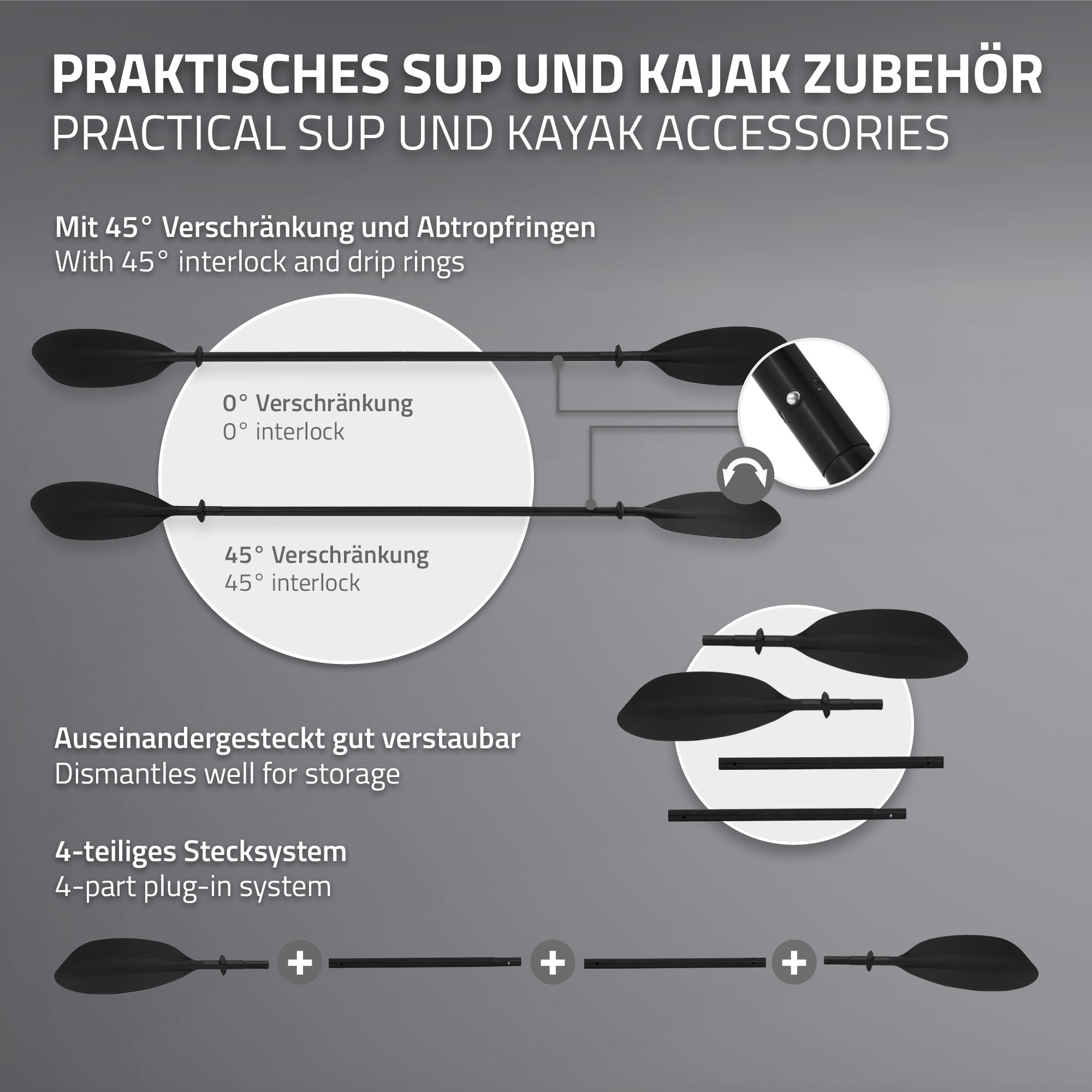 Grafik mit Informationen zu einem Paddel für SUP und Kajak, inklusive Details zur Nutzung.