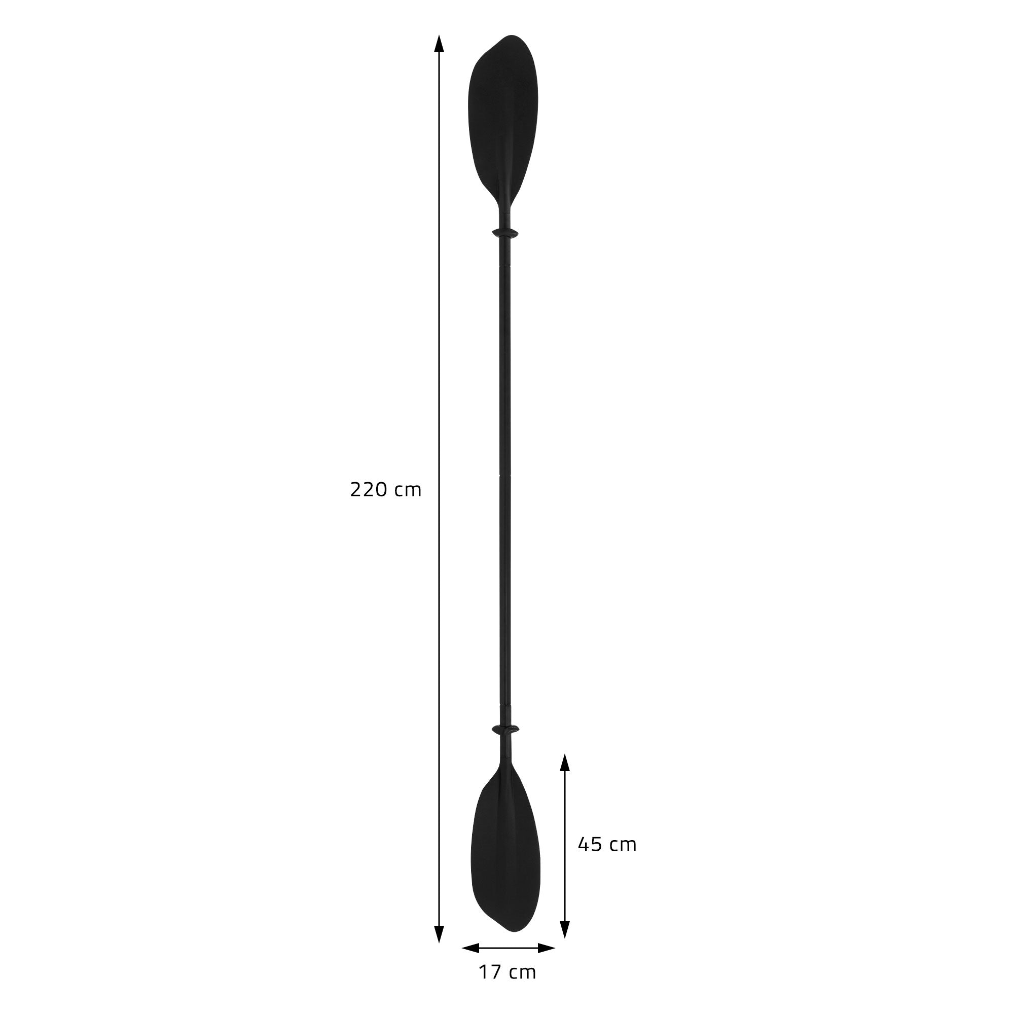Schwarzes Doppel-Paddel mit Maßen: 220 cm Länge, 45 cm und 17 cm Breite.