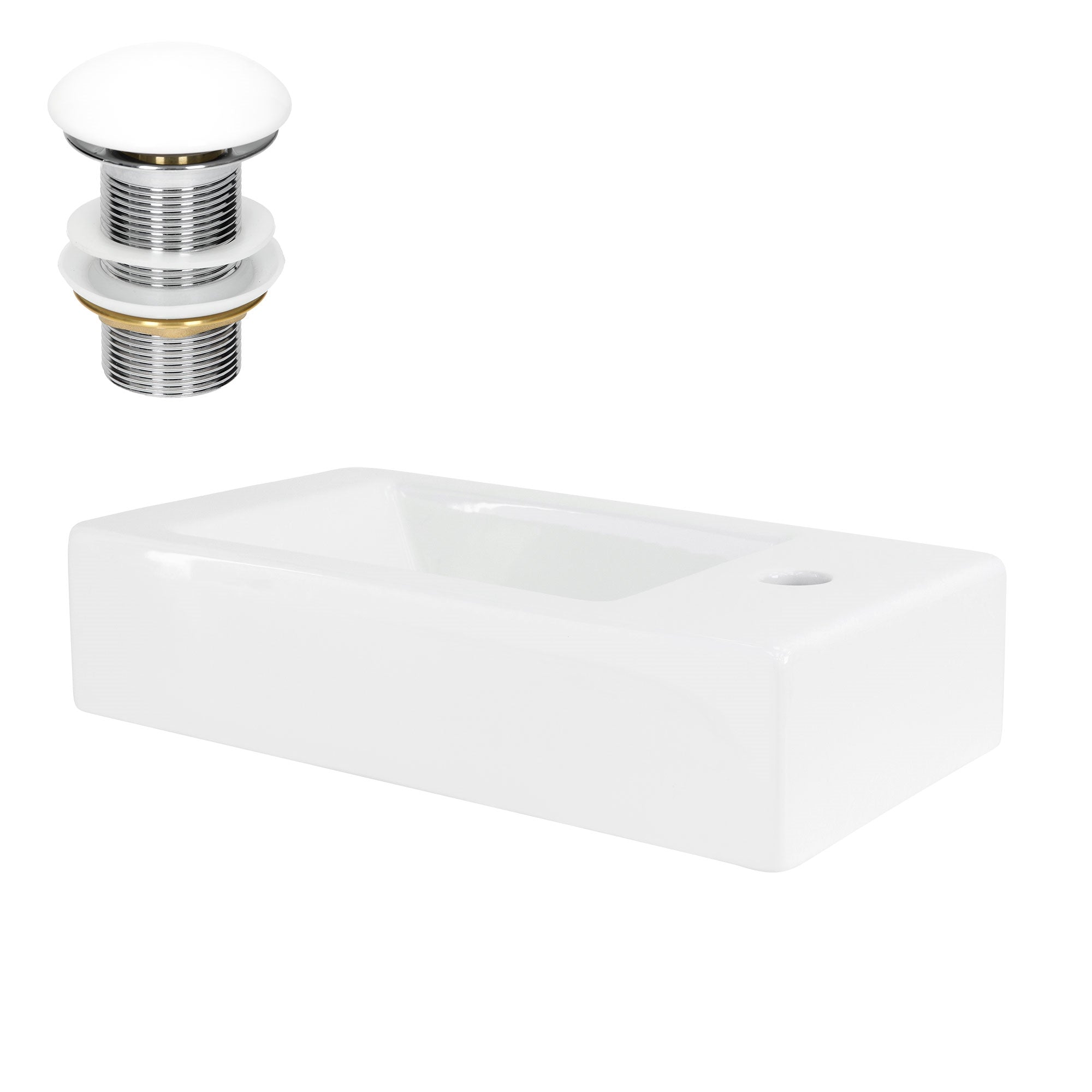 Rechteckiges, weißes Waschbecken mit Abflussventil.