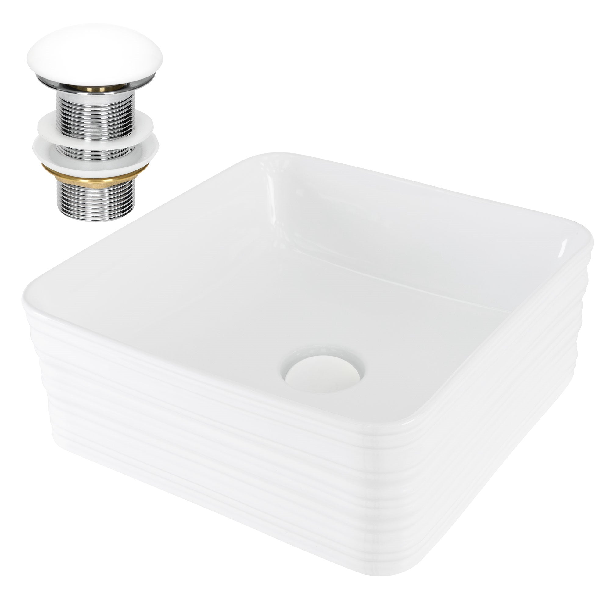 Quadratisches, weißes Waschbecken mit Abflussventil.