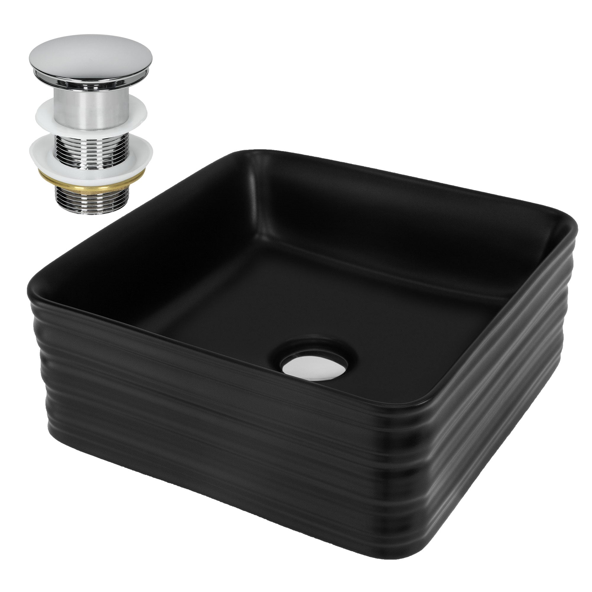 Schwarzes, quadratisches Waschbecken mit silbernem Abflussstopfen.