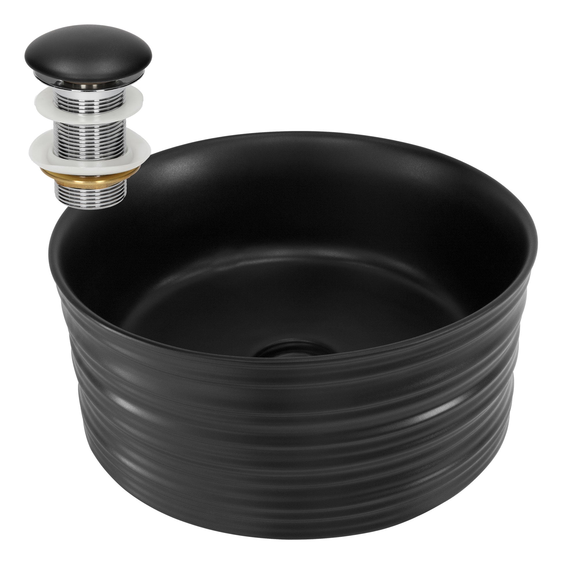 Schwarze, runde Waschschüssel mit gerilltem Design und Ablaufventil.