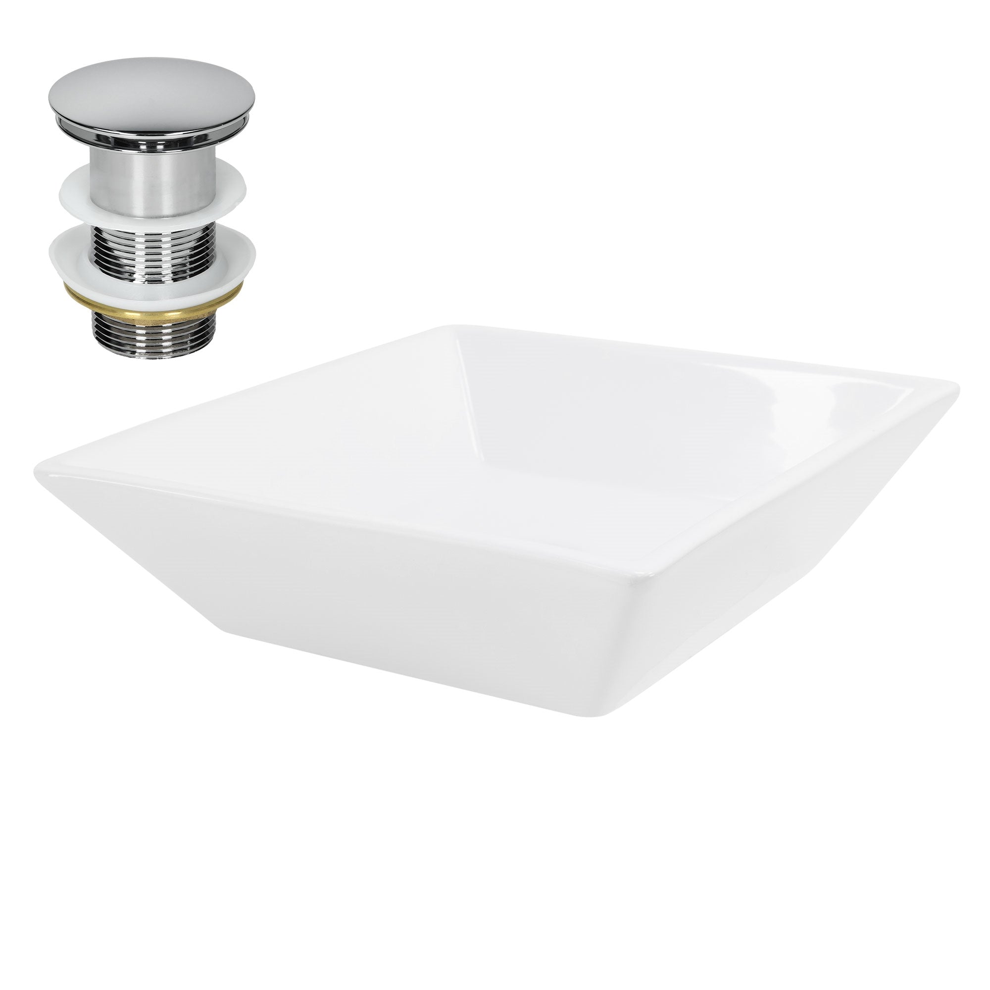 Lavabo cuadrado blanco con válvula de desagüe.
