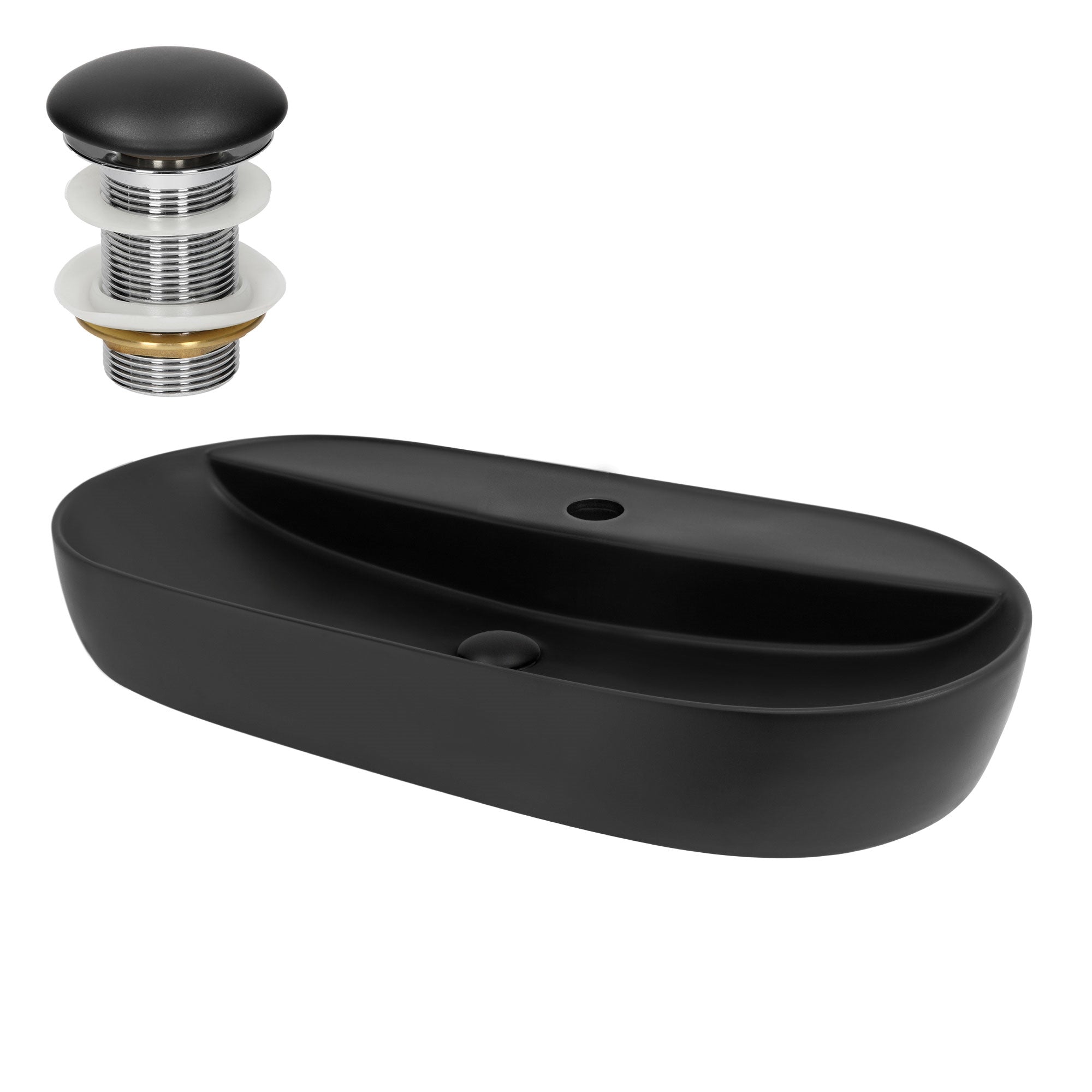 Lavabo negro con válvula de desagüe, de forma ovalada.
