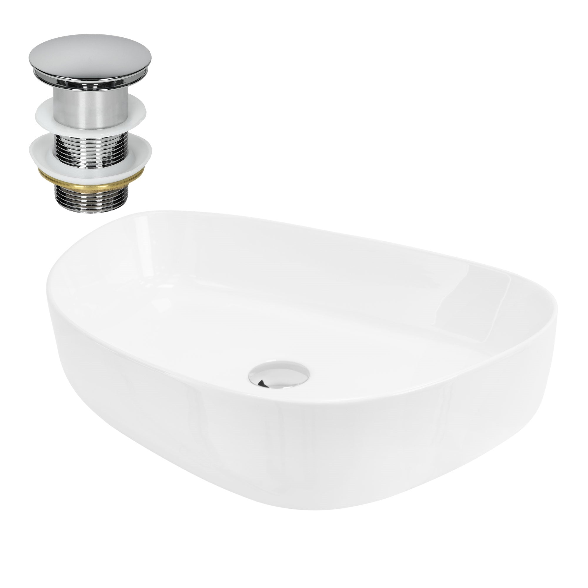 Weißes Waschbecken mit Abfluss und Überlauf, ovaler Form.