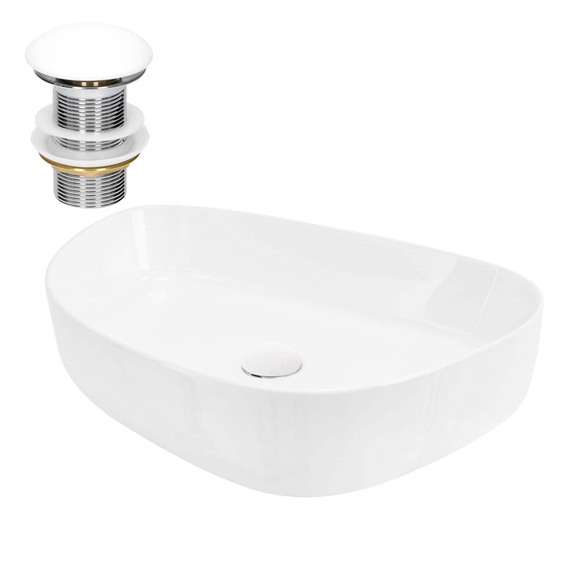 Weißes, ovales Waschbecken mit einem Abflussventil.