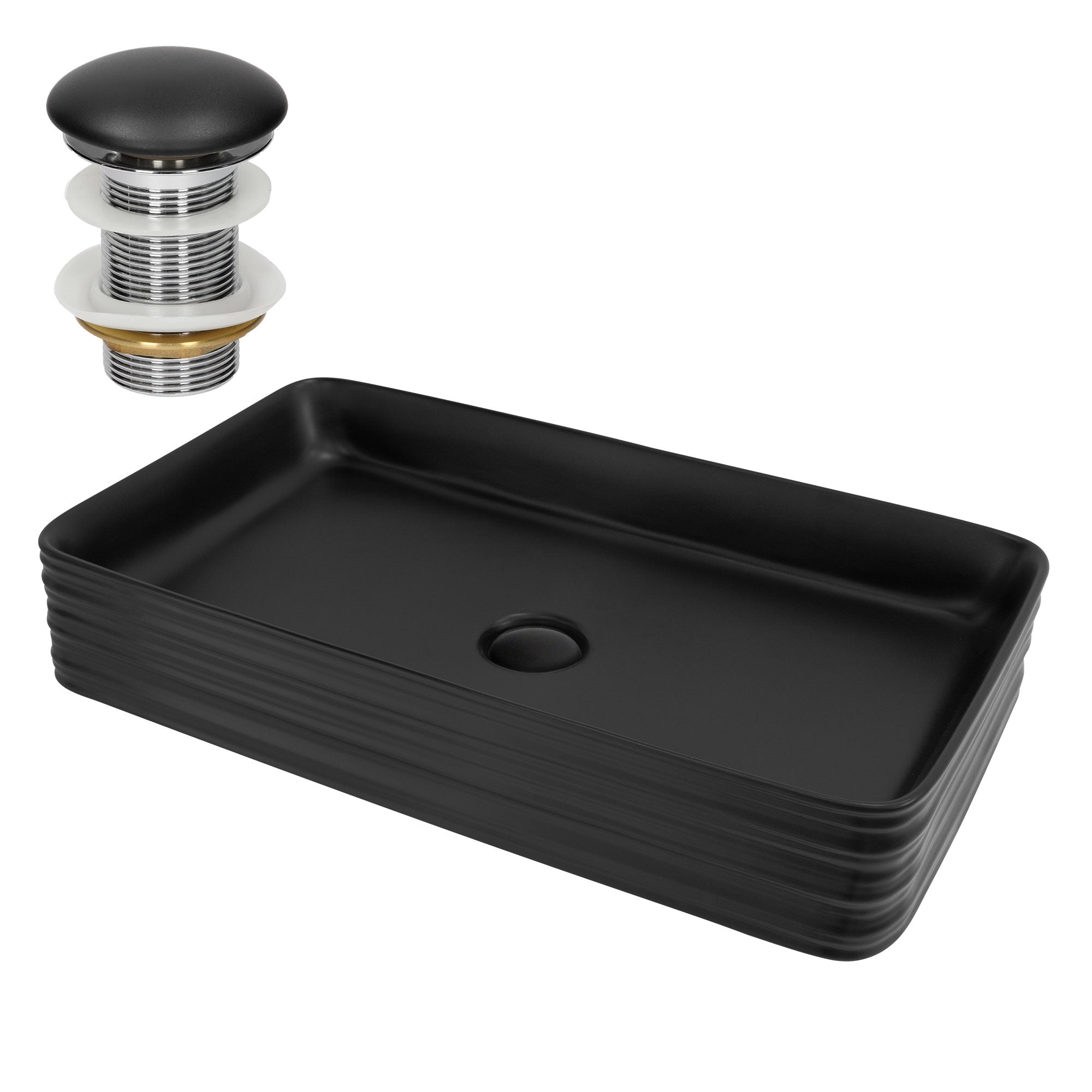 Lavabo negro rectangular con desagüe.