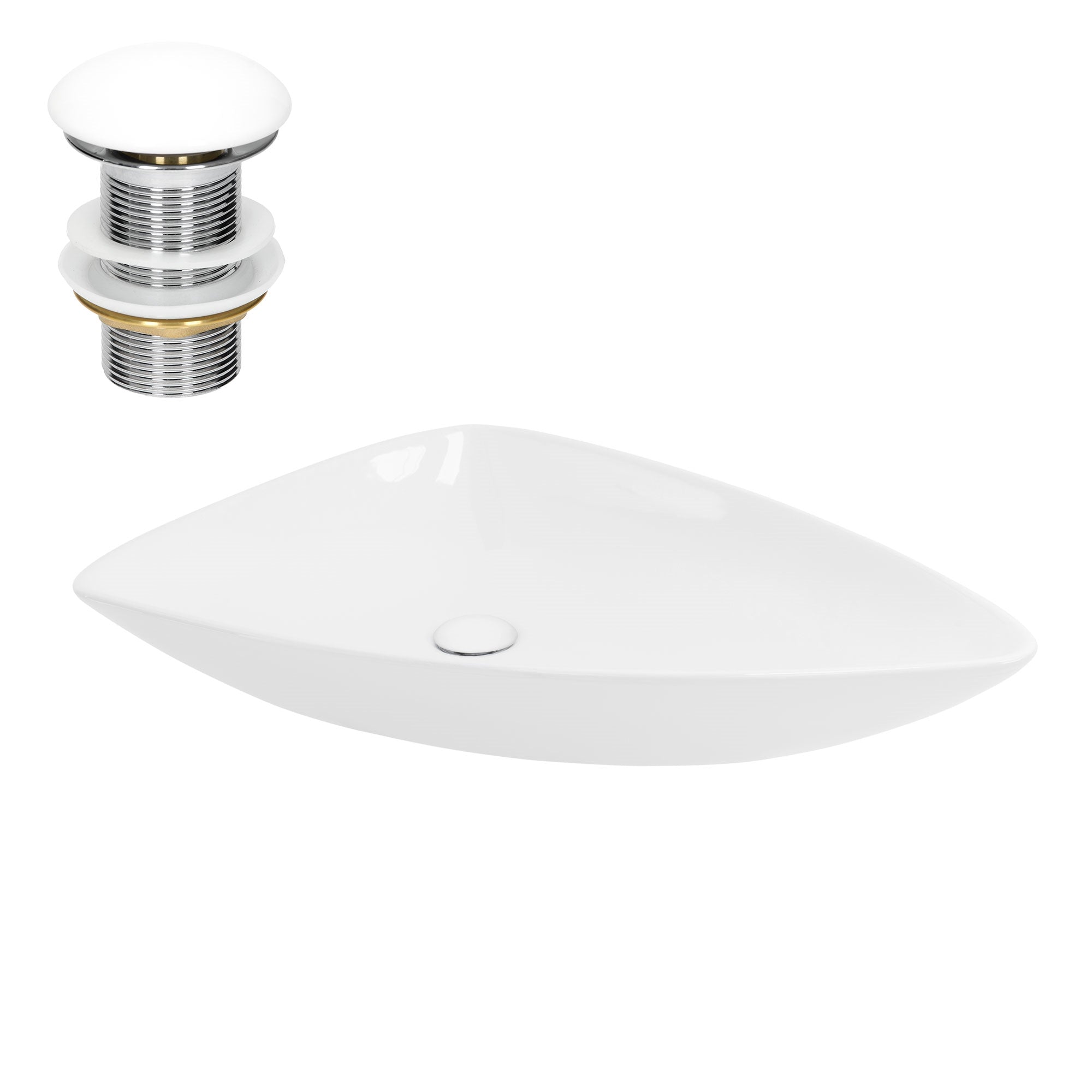 White triangular sink with drain.