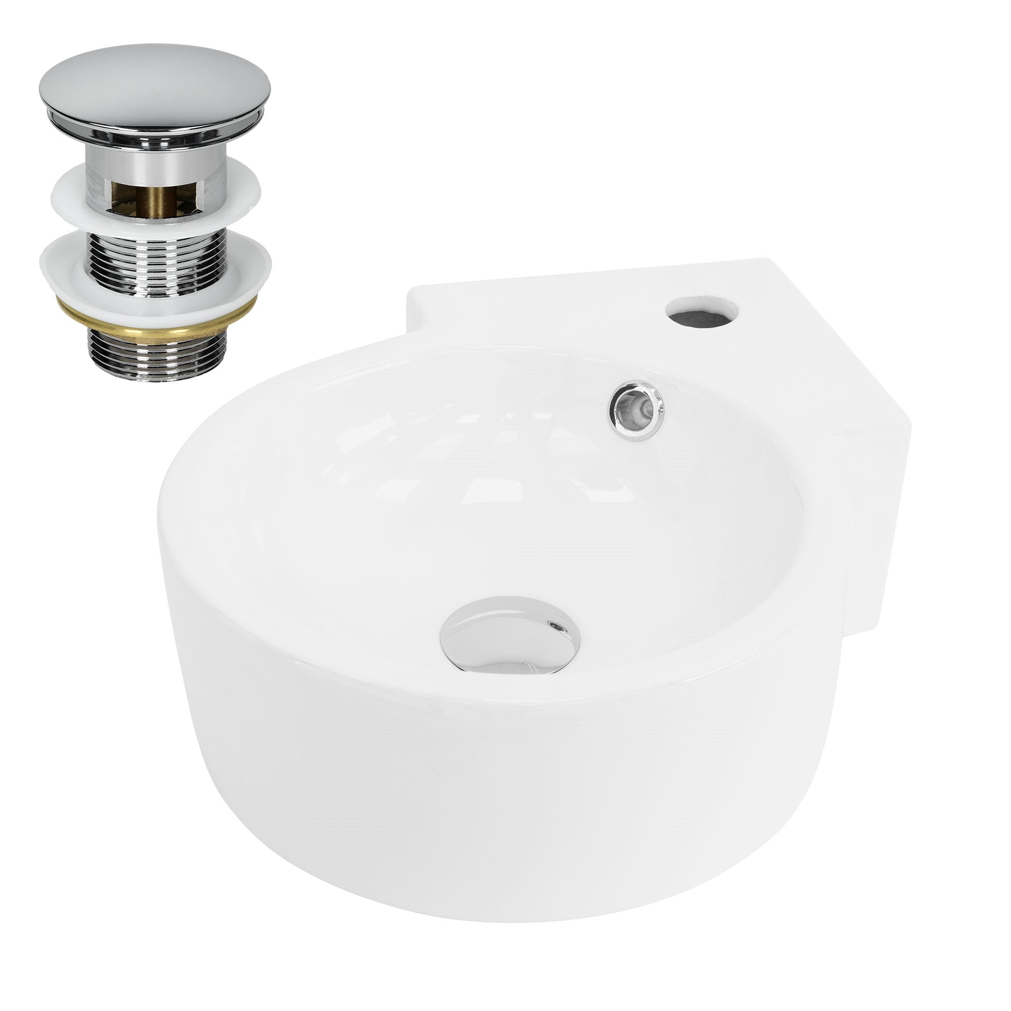 Ronde, witte wastafel met afvoer en overloop.