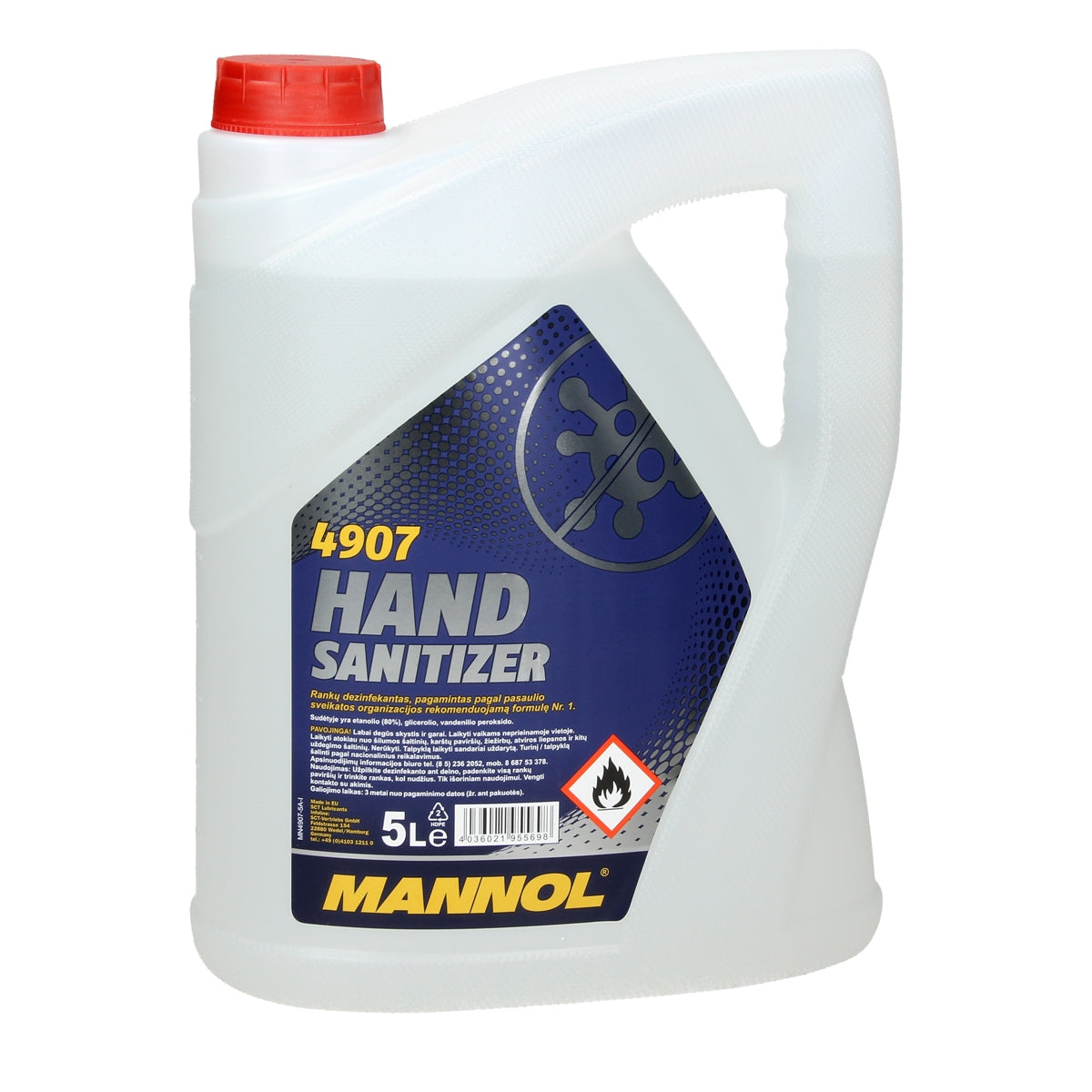 Ein 5-Liter-Behälter mit Handdesinfektionsmittel auf einem weißen Hintergrund.