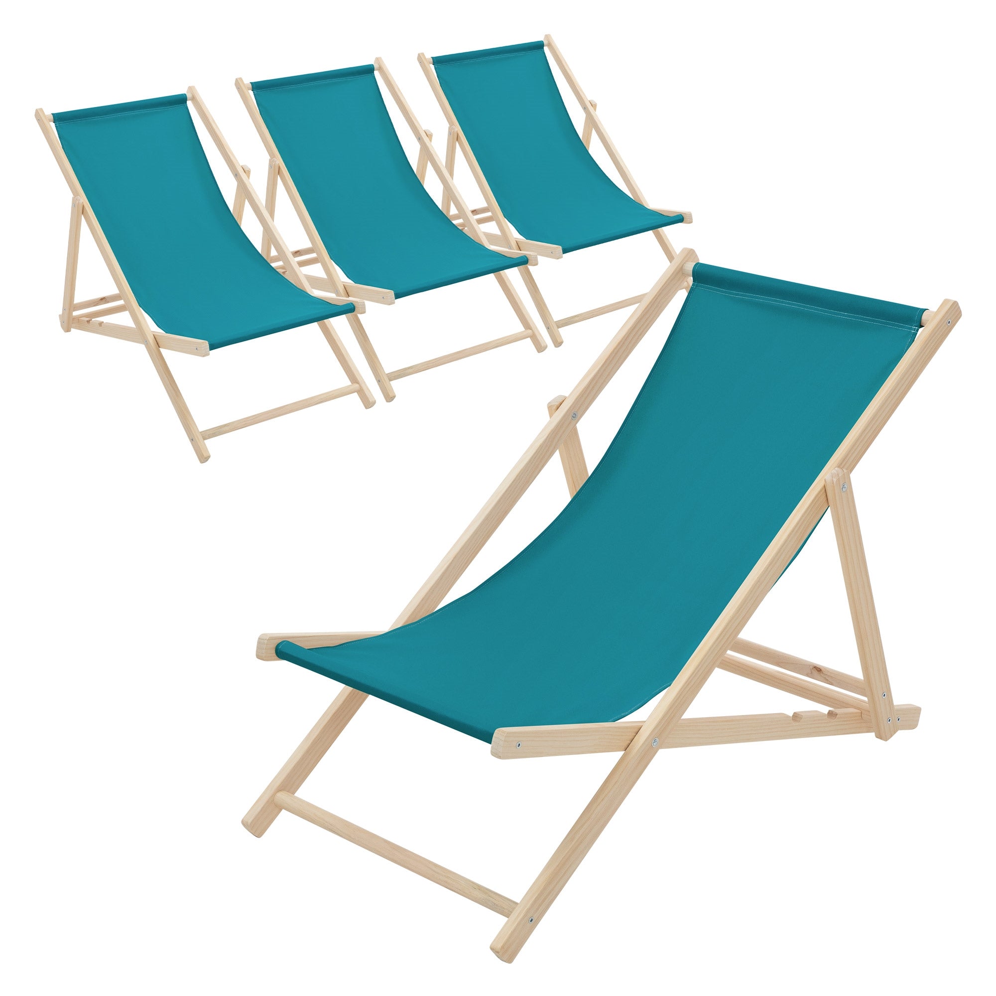 Vier turquoise ligstoelen met houten frame in een rij.
