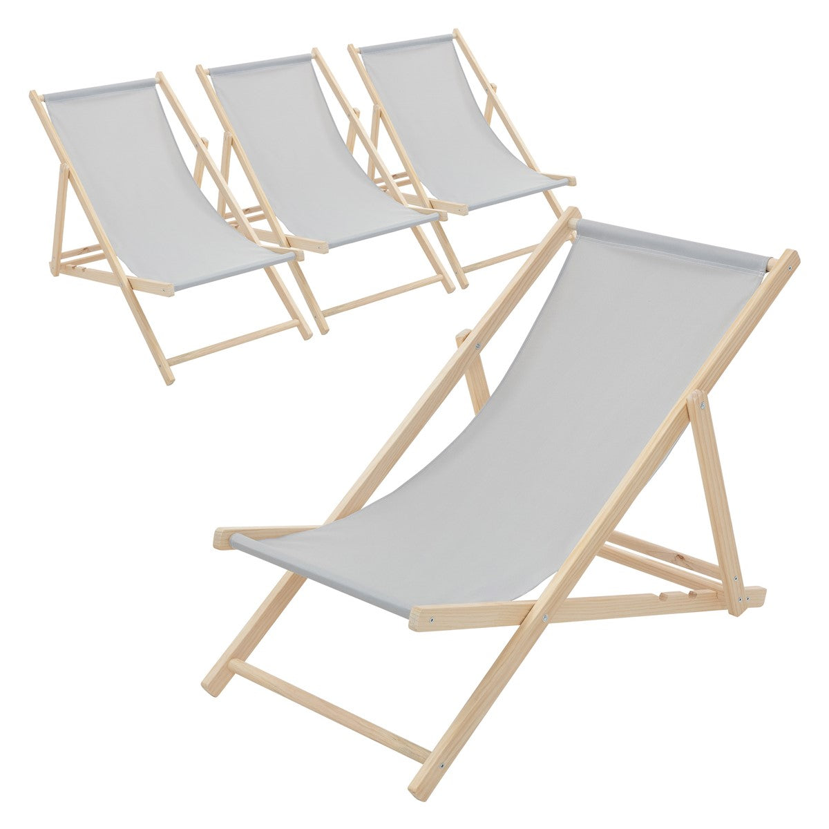 Vier grijze ligstoelen met houten frame op een rij.